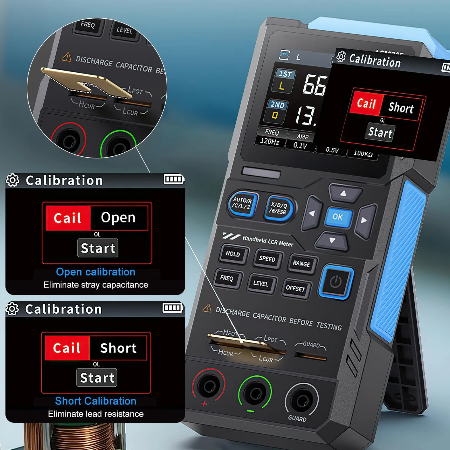 LC1020E Medidor LCR, 100kHz Digital Meter LCR ESR Medidor para medición de inductancia de capacidad de resistencia, 19999 Cuentas, Mide ESR/Q/D/θ/X, calibración apertura cortocircuito, Pantalla dual