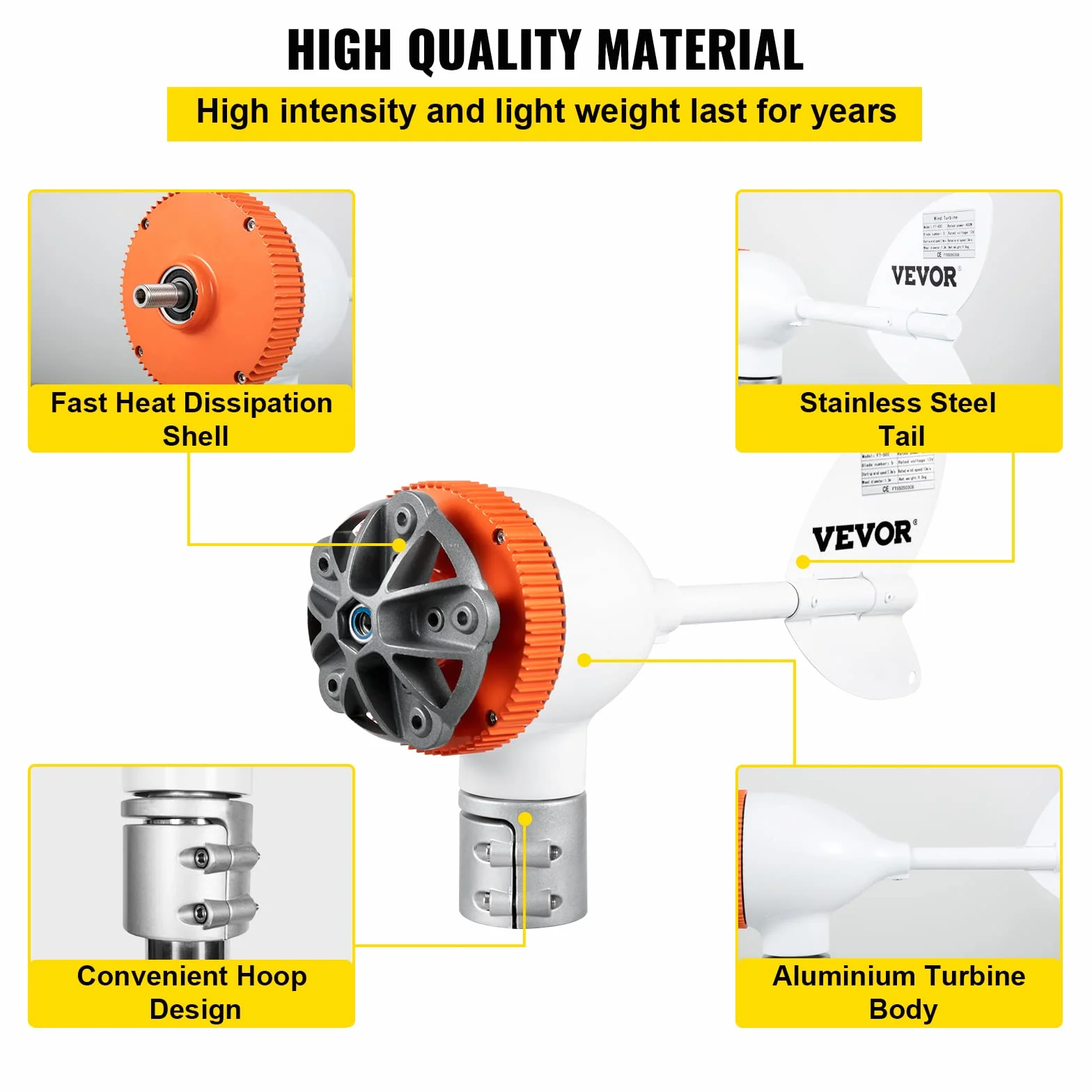 VEVOR Generador de Turbina Eólica 12 V 500 W Aerogenerador Horizontal 5 Cuchillas Velocidad Nominal 13 m/s, Kit Resistente y Durable con Controlador de Carga MPPT para Hogar, Chalets