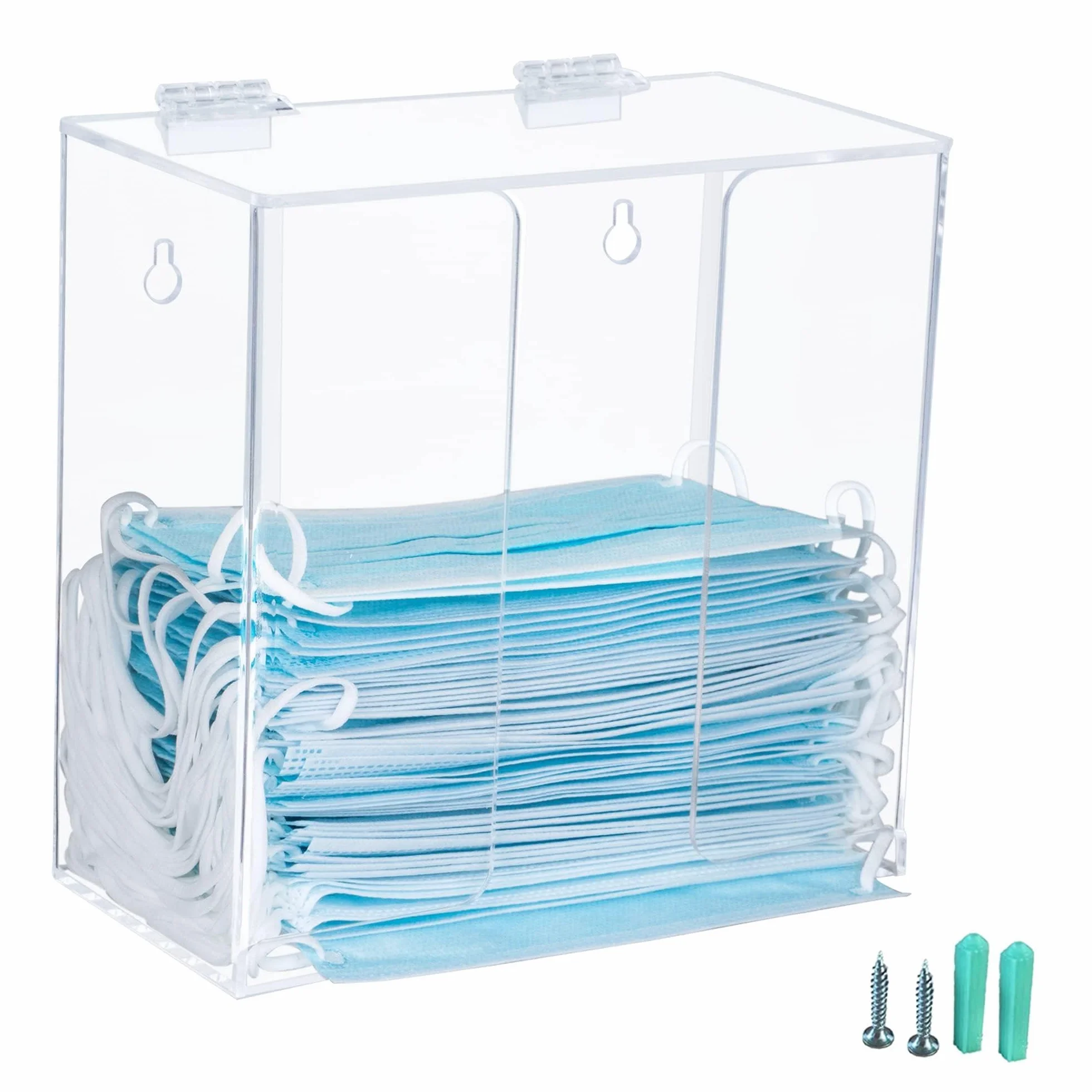 Dispensador de mascarillas Soporte de caja de acrílico para guantes con tapa, Contenedor de almacenamiento de montaje en encimera/pared para máscaras, guantes, servilleta, transparente