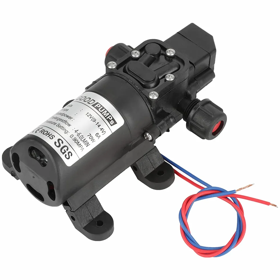 Bomba de agua DC 12V 0.9Mpa 4-6L/Min 70W autocebante de diafragma alta presión