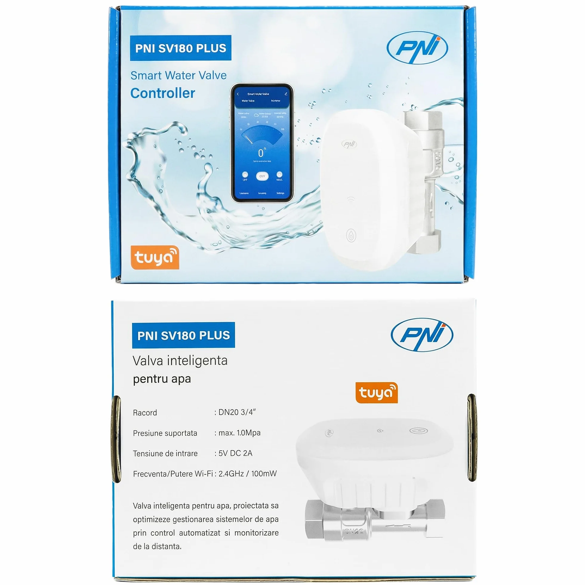 Válvula de agua inteligente PNI SV180 PLUS, Wi-Fi, IP65, DN20 3/4, controlable desde Tuya Smart, Amazon Alexa y Google Home, mide el consumo de agua.