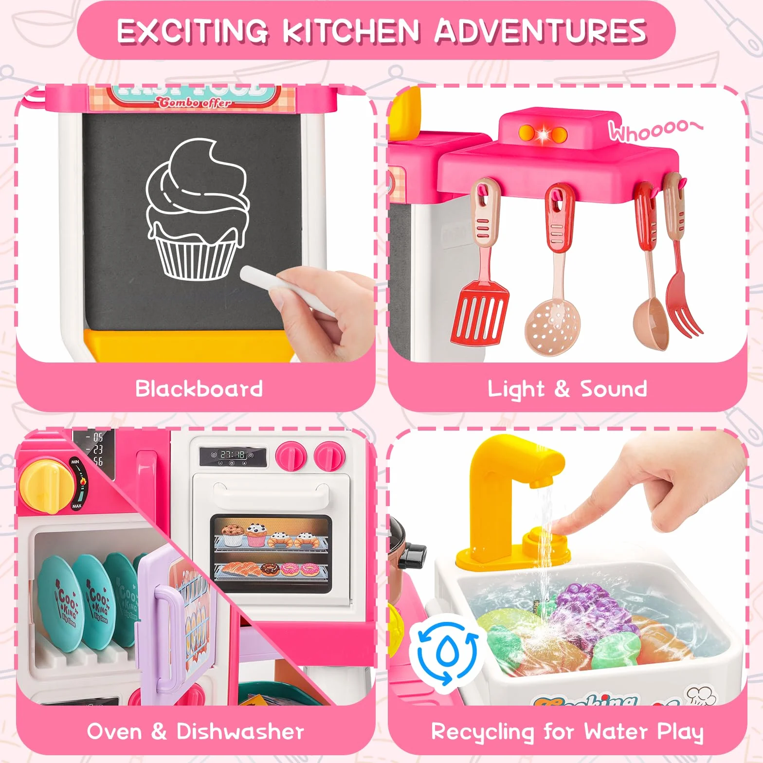 deAO Cocina de Juguete Infantil 54PCS con Utensilios, Estufa, Fregadero, Sonido y Luz, Tres Alturas Ajustables Rosa