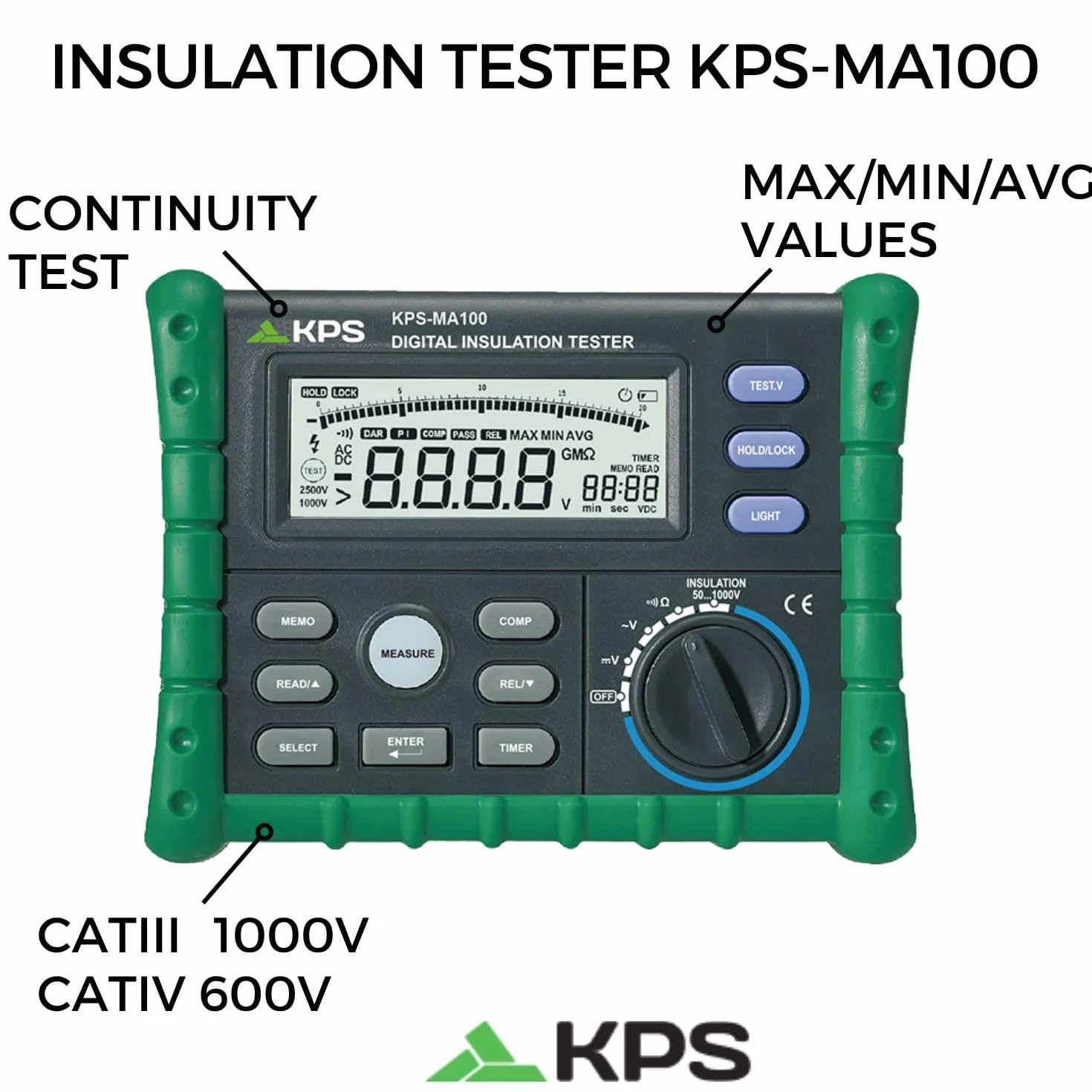 KPS-MA100 Medidor de Aislamiento hasta 1KV (50V, 100V, 250V, 500V y 1000V) Cálculo DAR/PI