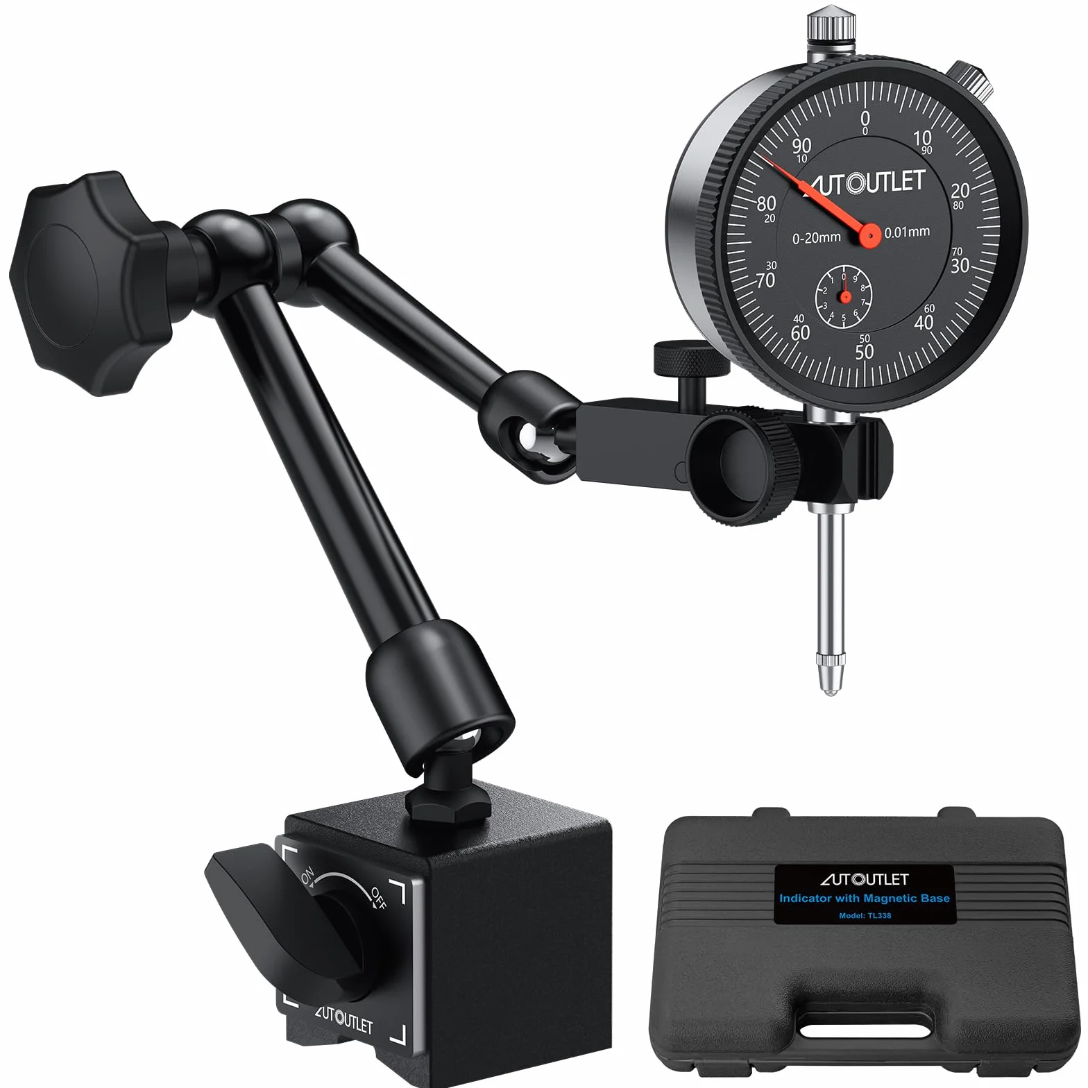 AUTOUTLET Comparador de Cuadrante Calibre con Indicador de Cuadrante de 0-20 mm con Base Magnética de 132 lb/60 kg