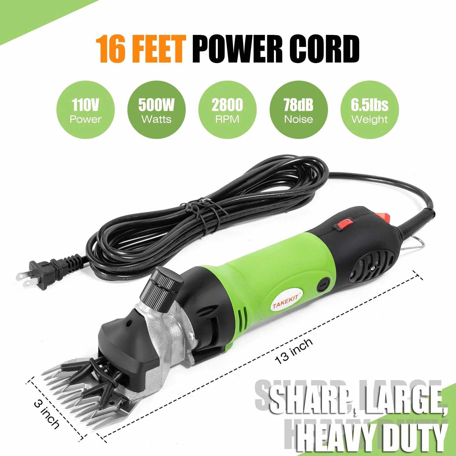 TAKEKIT Tijeras para ovejas, 500 W, profesional y resistente, para aseo, 6 velocidades, cortadora eléctrica de animales para alpacas, llamas, corderos y ganado grande con pelaje grueso