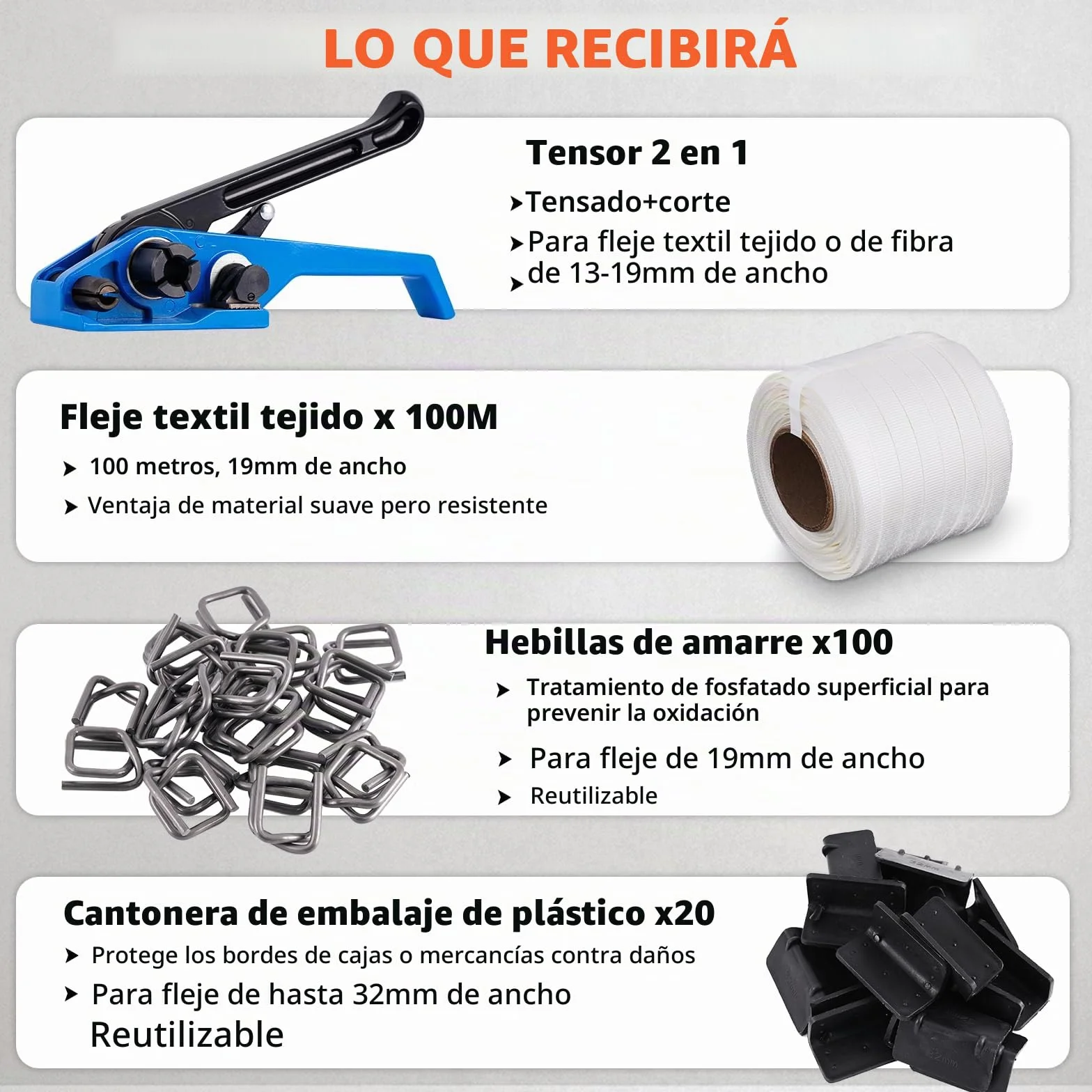 BAOSHISHAN Kit de flejado con tejido textil para embalaje de palés (tensor 2 en 1 + flejado textil de 100 m + 100 hebillas de embalaje de fosfatación + 20 esquinas de embalaje)