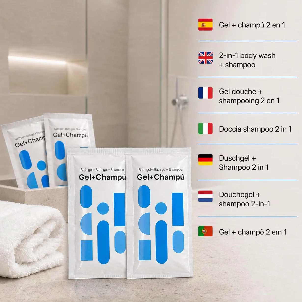 Sachet Monodosis 8ml Gel + Champú 2en1 1.000 Uds. A Granel Amenities Hotel
