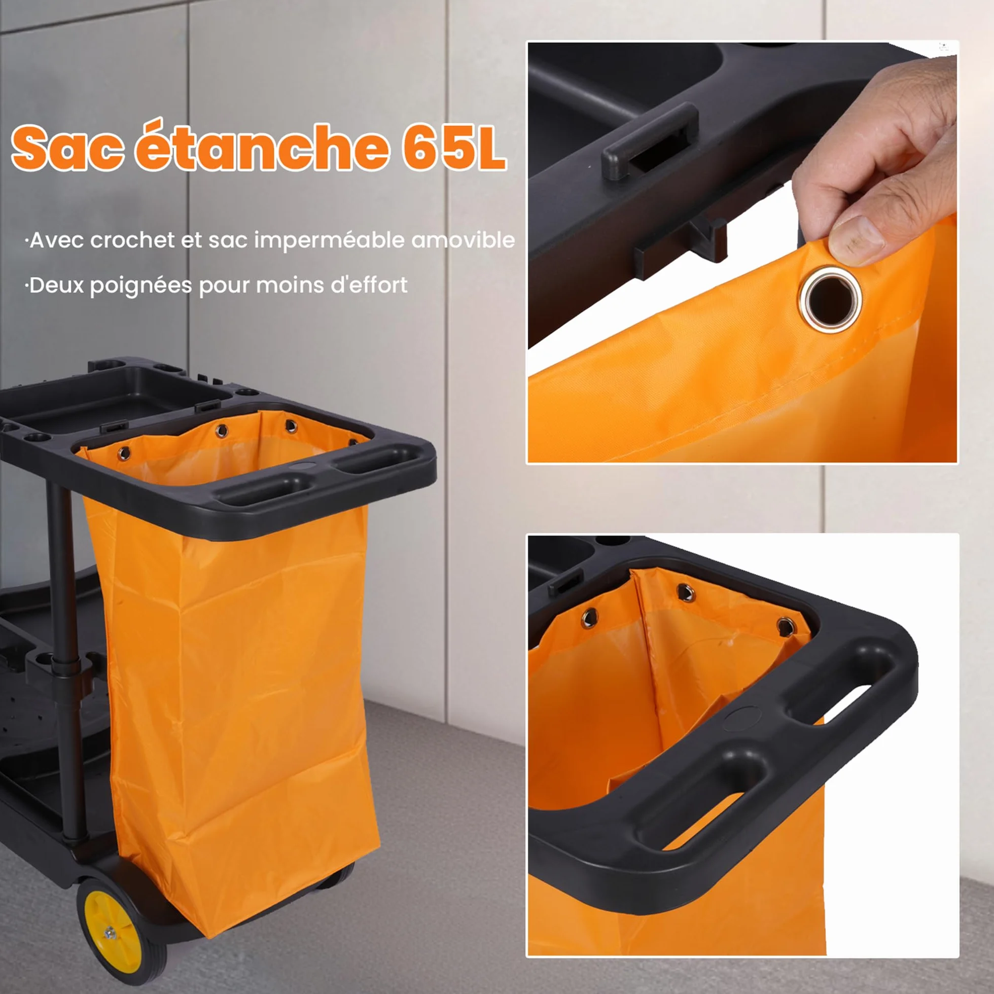 Uyoyous Carro de limpieza profesional, 3 niveles con 4 ruedas, color negro y amarillo, bolsa grande de 65 l, carro de mantenimiento, 113 x 56 x 93 cm