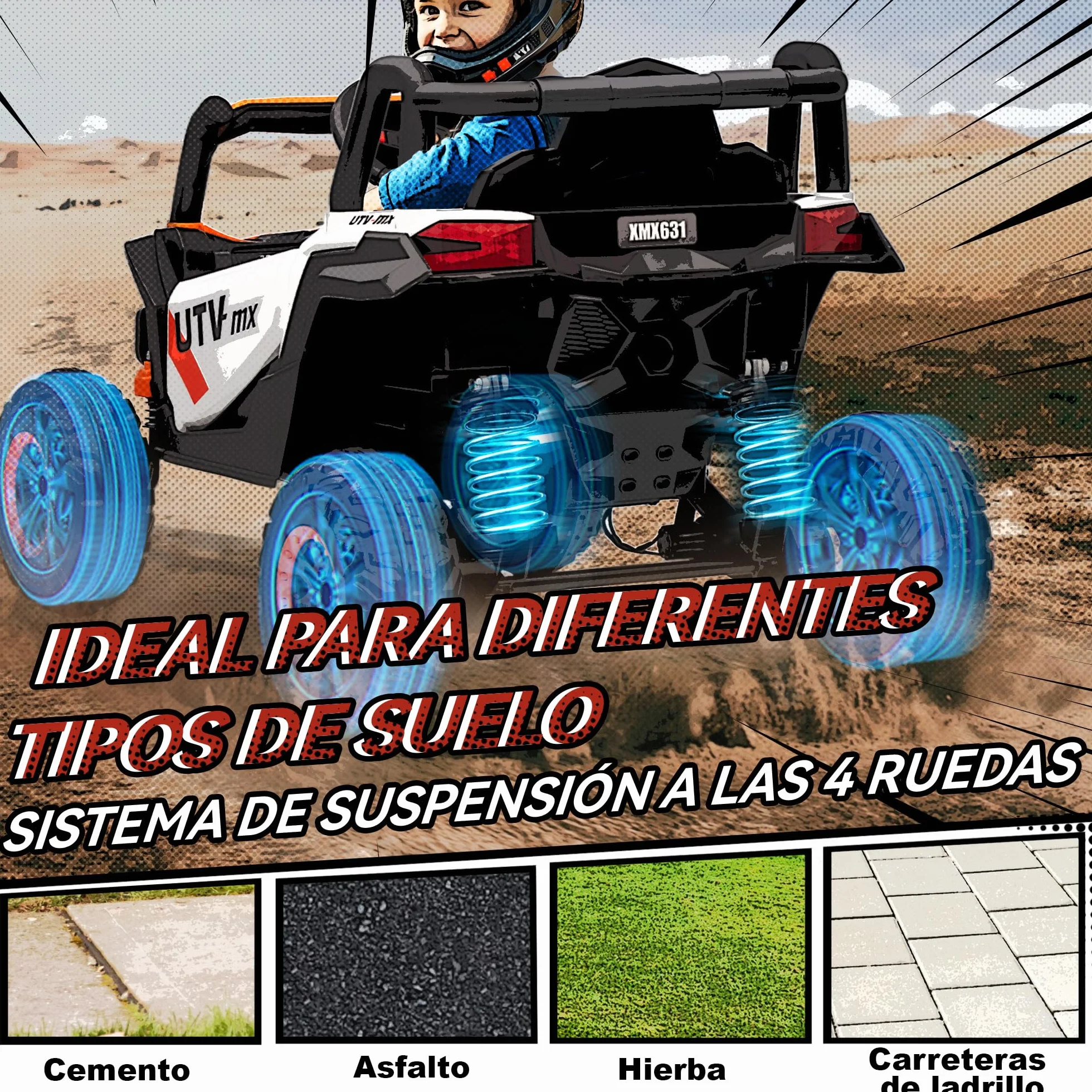 AIYAPLAY Coche Eléctrico 12V UTV 2 Motores Control Remoto 2,4G Velocidad 7 km/h Suspensión Faros USB para Niños +3 Años Naranja