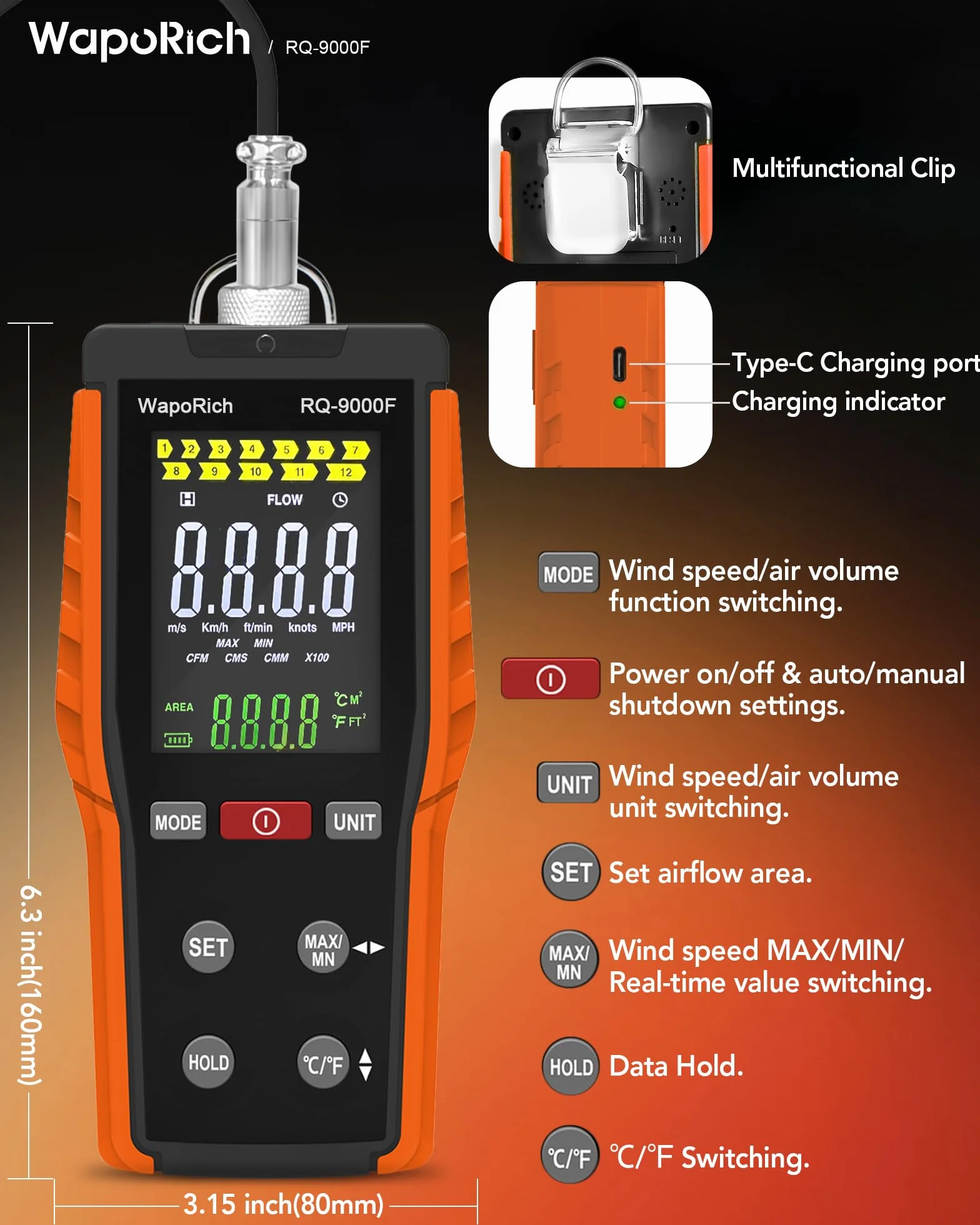 Anemómetro de Hilo Caliente Digital RQ-9000F Medidor Velocidad de Viento CFM CMM CMS Temp HVAC Kitesurf
