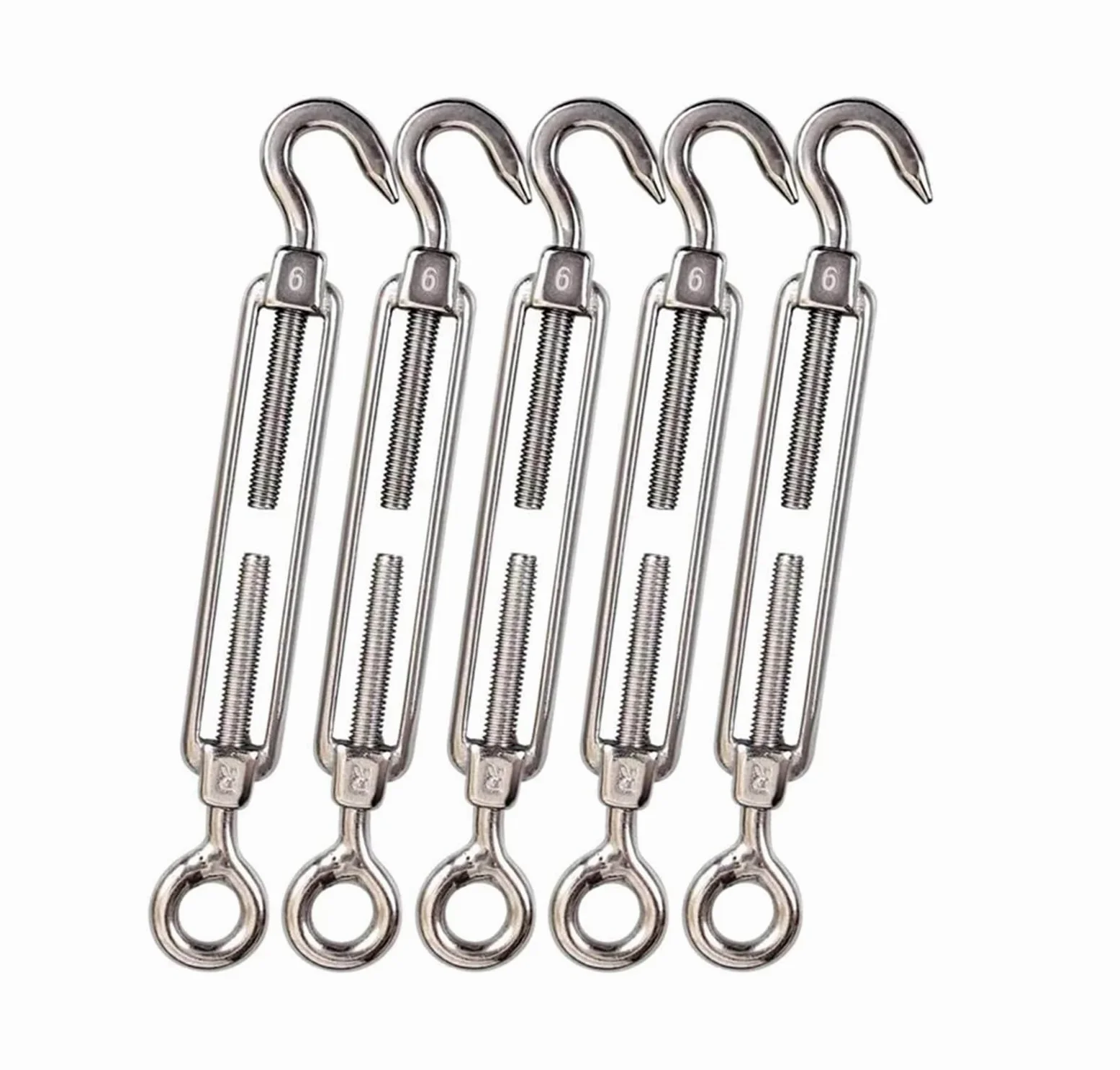 Juego de 5 tensores cable acero inoxidable con gancho y ojo, tensor ajustable for jardín M4 M5 M6 M8 Para Vallas De Jardín Y Soporte(Silver 1,M8)