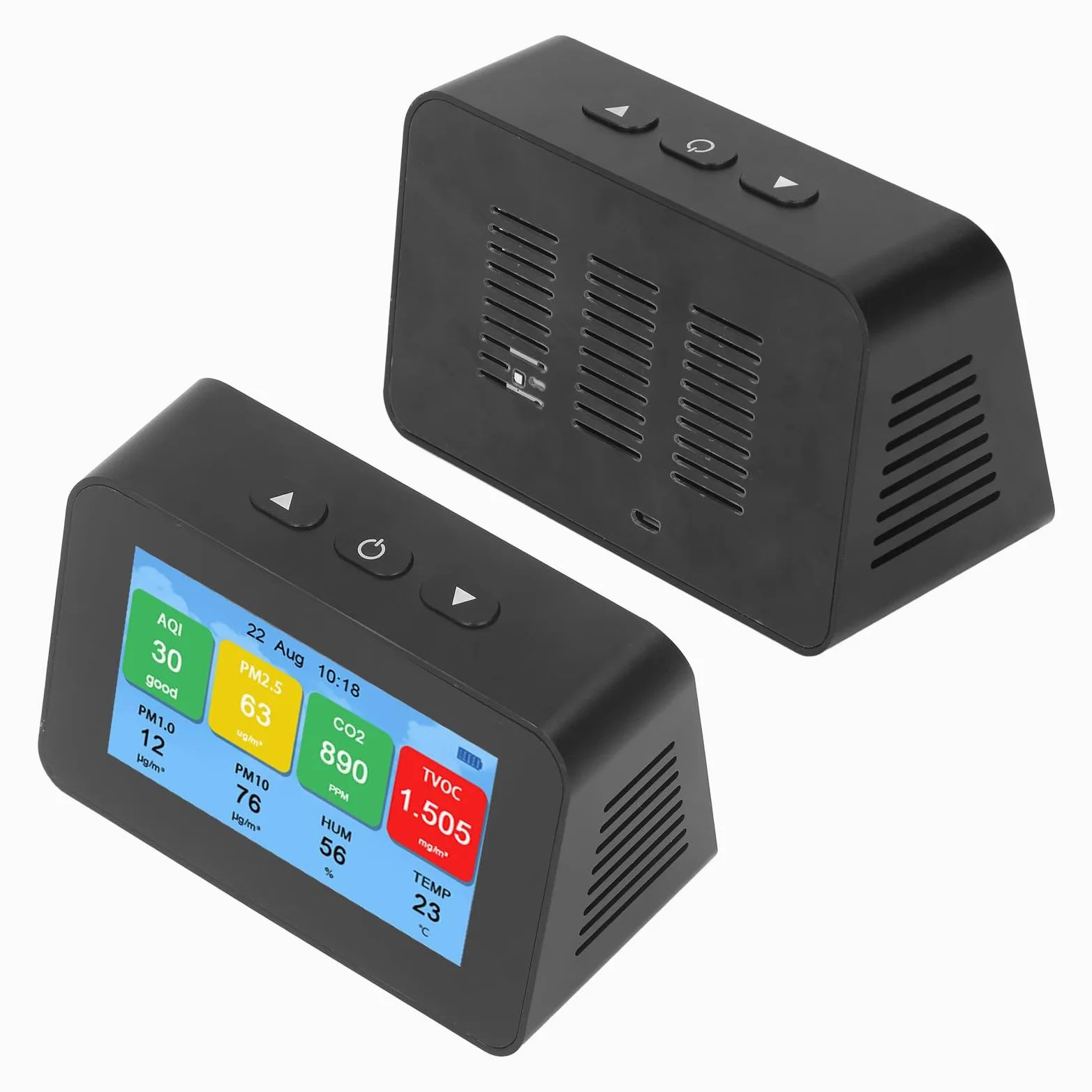 Hyuduo Monitor de Calidad del Aire, Detector LCD CO2 PM2.5 PM1.0 PM10 con Pantalla de Tiempo, Probador de Calidad del Aire Recargable Micro USB 3000 MAh para Uso en Interiores y Oficinas en el Hogar