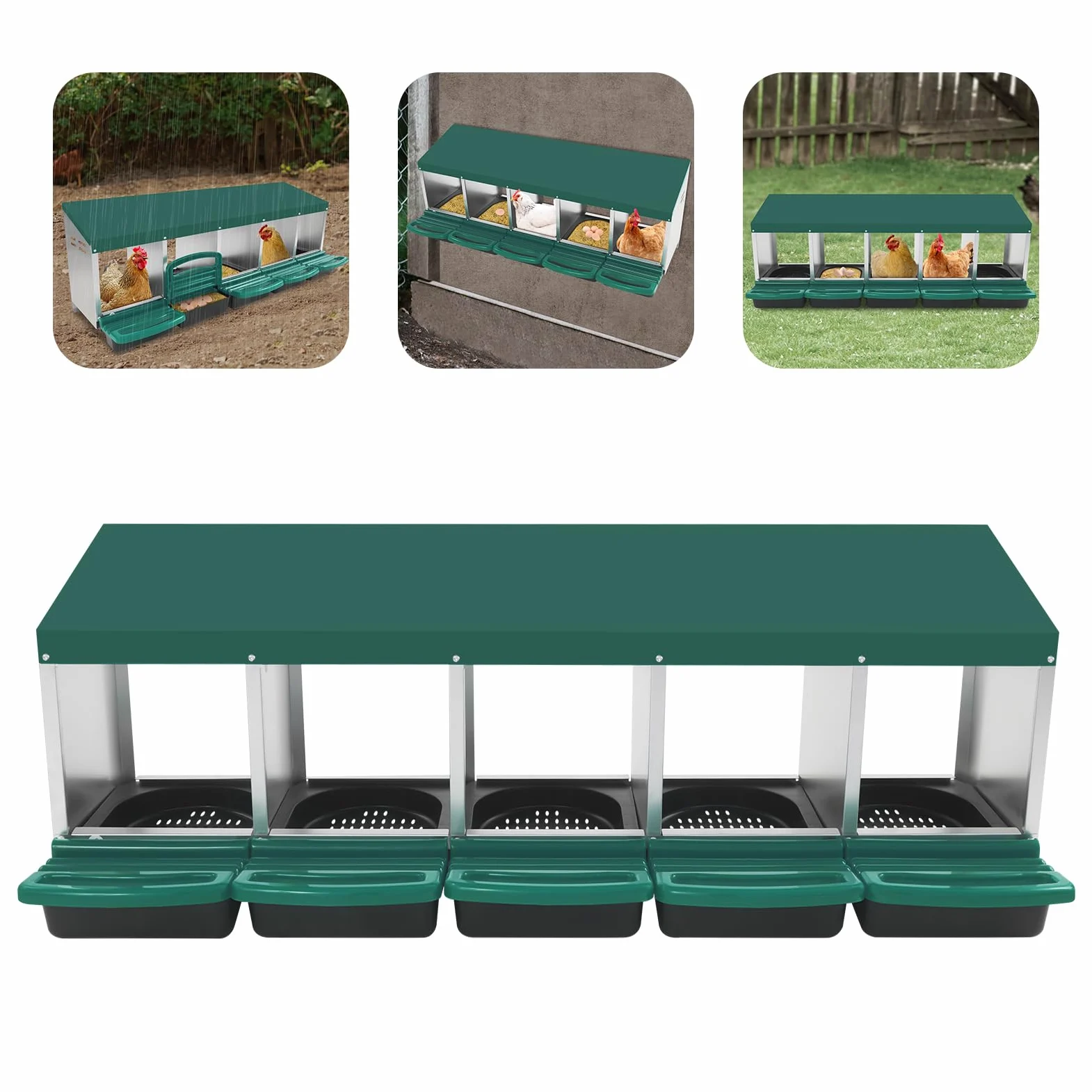 Nido para pollos, 5 compartimentos, nido de pollo de acero galvanizado y plástico, con pie en el suelo o en la pared, con toldo para gallinero y aves de corral
