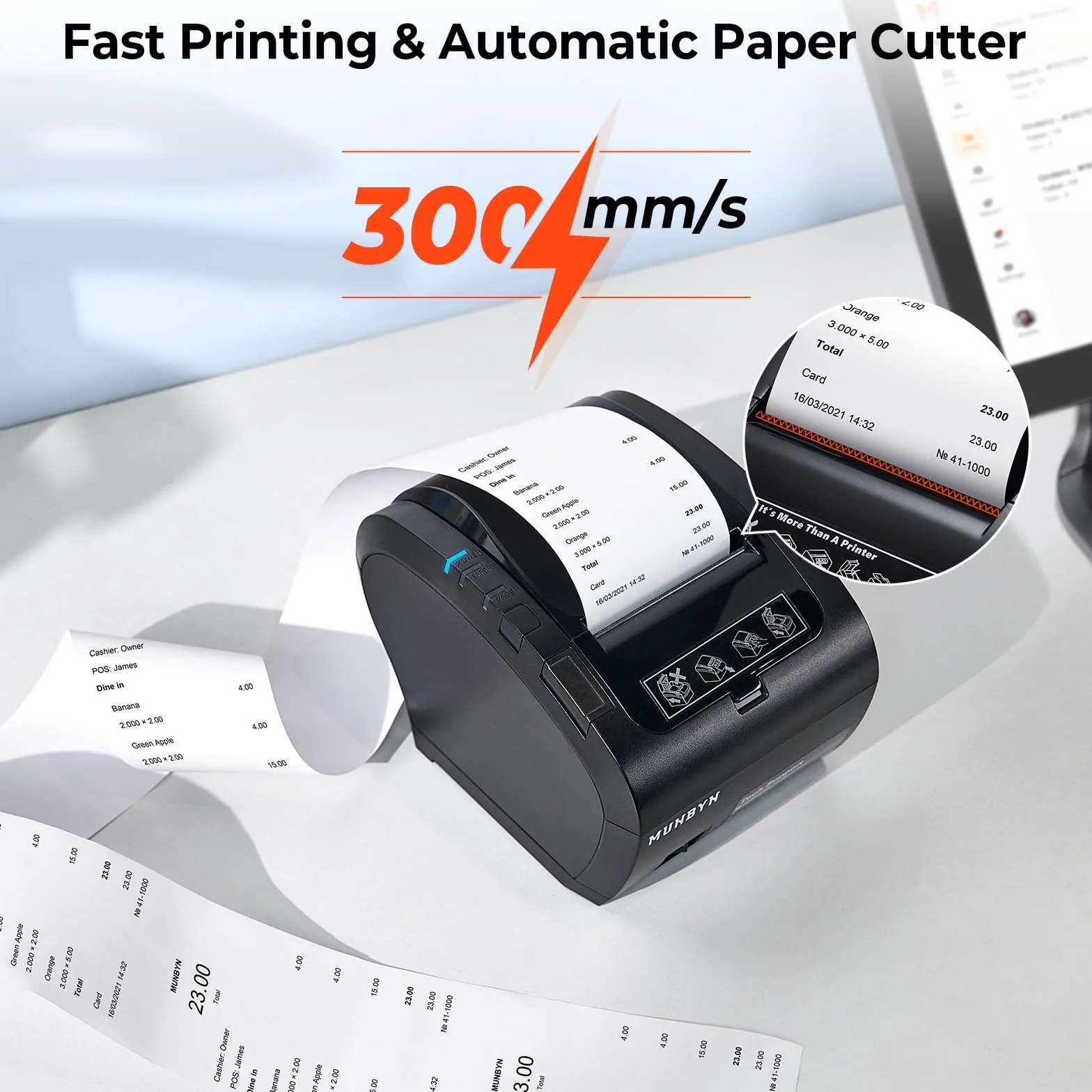 MUNBYN Impresora de Tickets Bluetooth, Impresora Termica Mfi, Puertos USB/LAN/Serial, Compatible con iOS, Android, MacOS, Windows, Linux, Chrome, con Tapa oleófuga y antisalpicaduras