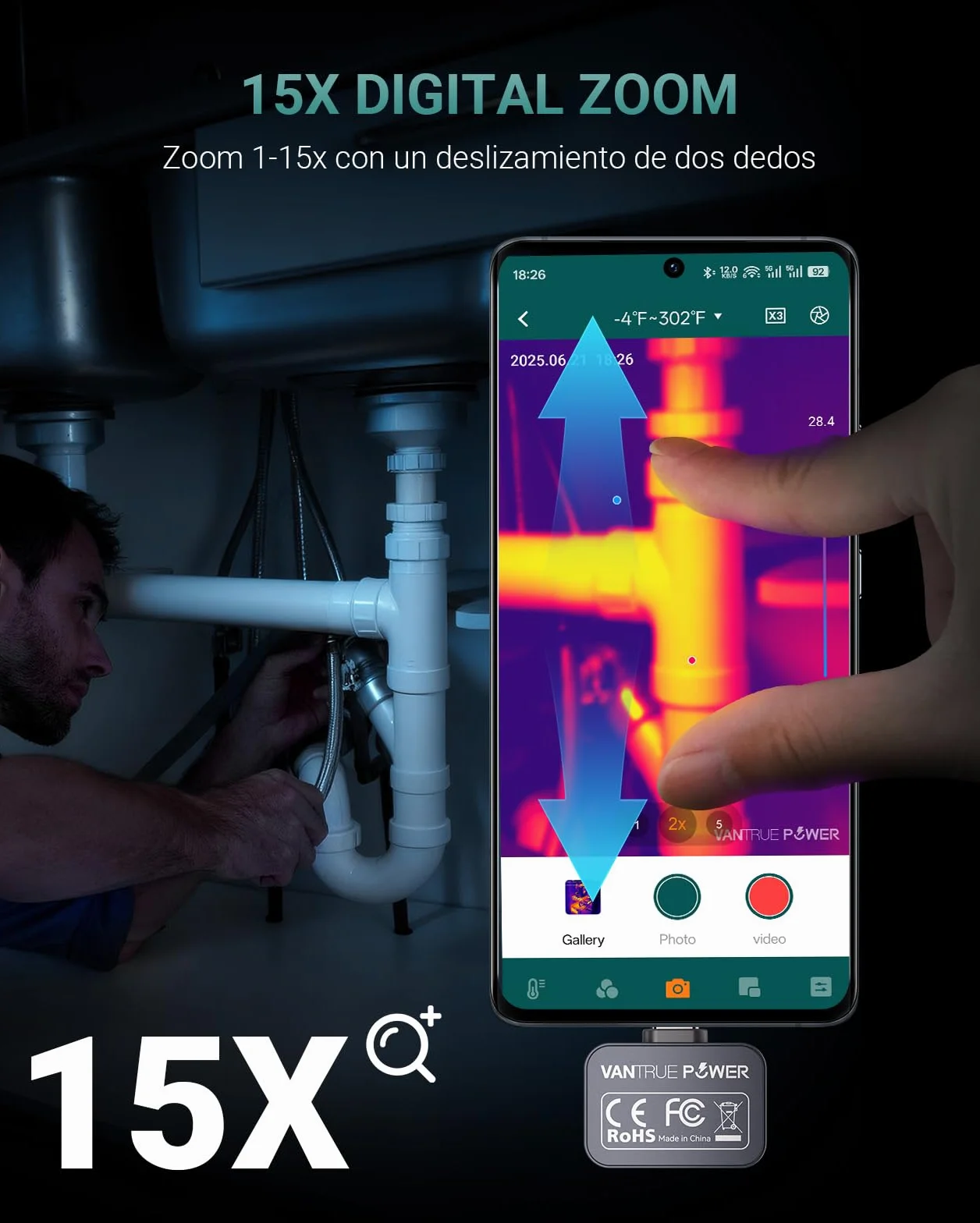 TS1 Cámara Térmica Termográfica Infrarroja para Android, 512x384 TISR Alta Resolución Cámara Termográfica Infrarroja, Rango de medición de la temperatura -20 °C a 550 °C