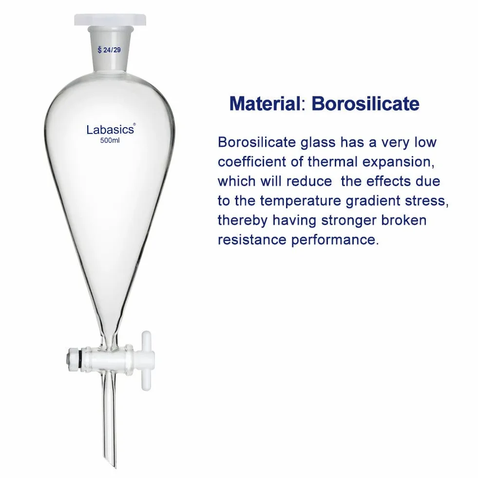 Labasics Vidrio Borosilicato 500 ml Embudo Separador Cónico de Pared Pesada con Juntas 24/29 y Llave de Paso de PTFE