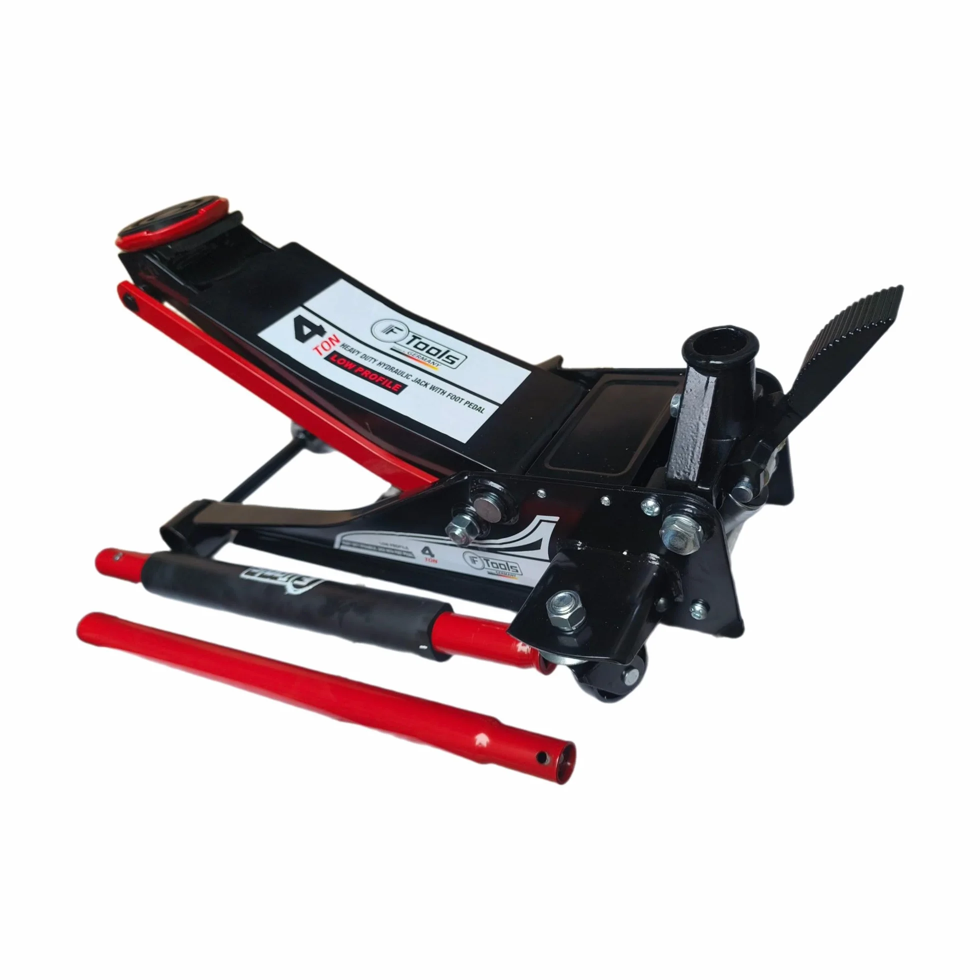 Gato hidráulico de 4T de doble pistón con pedal – Extra plano 75–500 mm – Elevación rápida y ruedas de 360° – Auto, SUV y furgoneta – Gato de taller profesional para maniobras