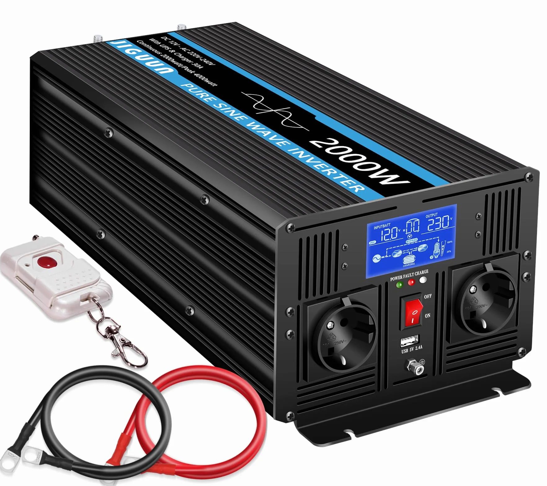 JIGUUN 2000W Inversor 12V 220V Onda Pura Inverter con Cargador 30A y Circuito Prioritario de Red y SAI，2 Tomas EU, Mando a Distancia Inalámbrico y Pantalla LCD Potencia Pico 4000W