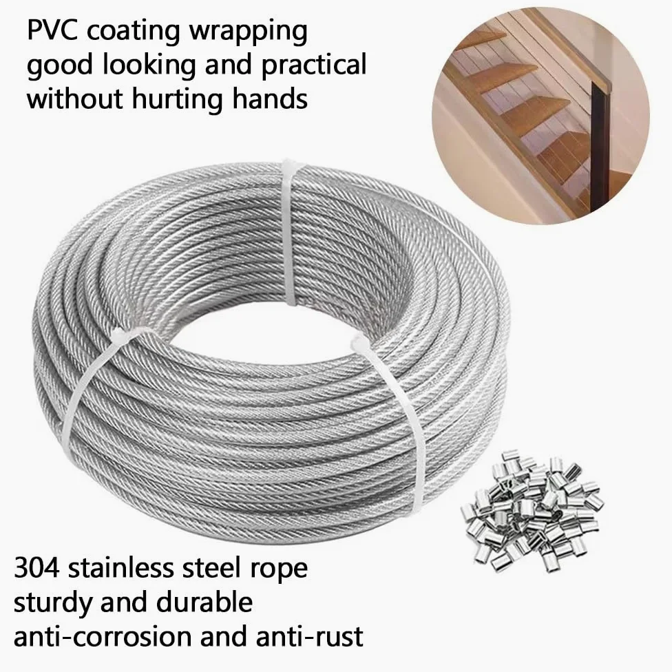 NEWFUN 100M Cable Acero, Cable Acero 3mm, Cable de Acero Inoxidable con Manguito de Engarce y Guardacabos Para Tensar Vallas, Cables de Suspensión de Lámparas de Exterior, Cables para Cortinas