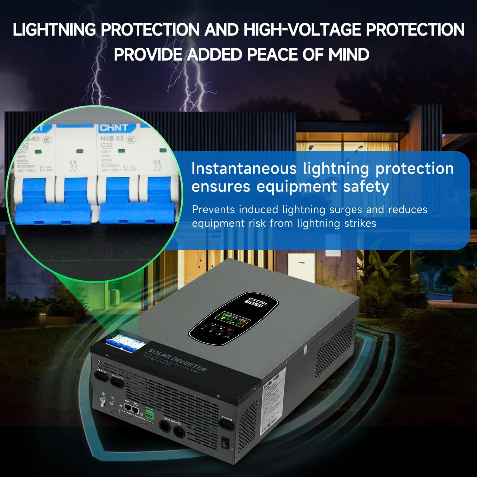 DATOUBOSS Inversor de corriente solar híbrido de 6200 W, 48 V CC a 230 V CA, inversor de onda sinusoica pura con MPPT de 120 A, entrada fotovoltaica de 8500 W, compatible con baterías de litio de 48 V