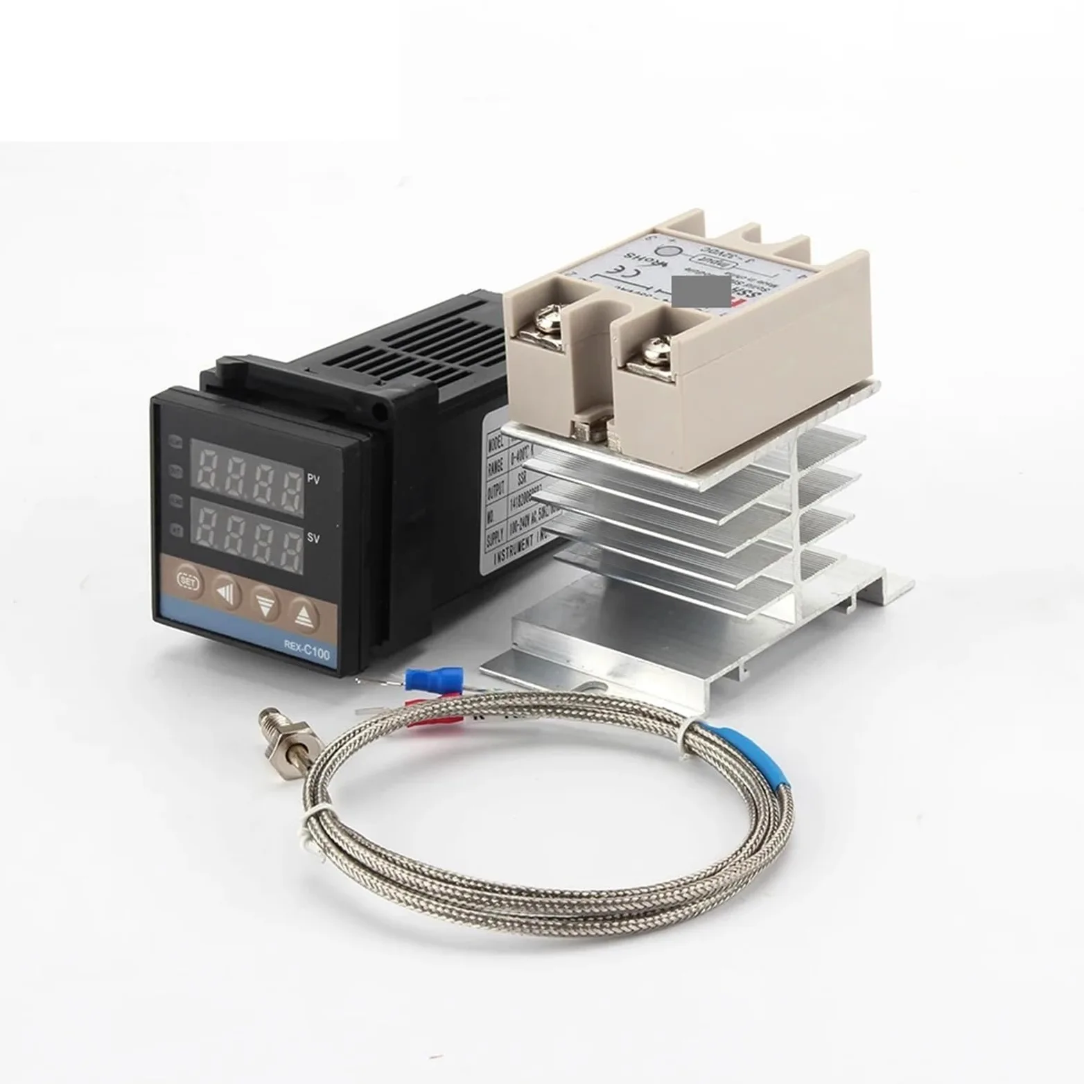 1 Uds REX-C100 controlador de pantalla Digital de temperatura PID 110V-240V + relé SSR 40A + sonda termopar 1M K + disipador de calor(Set1)