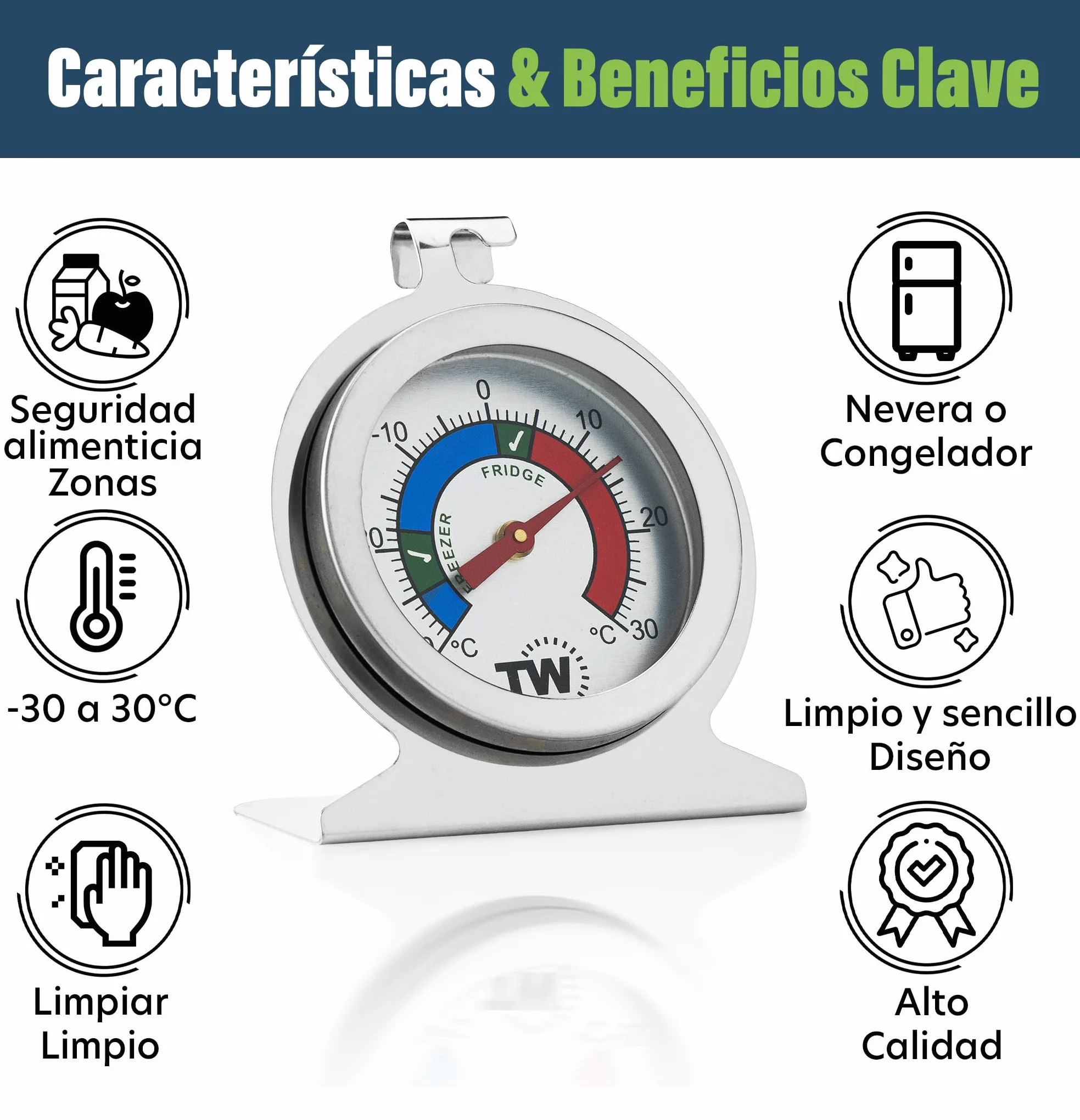 Termómetro para frigorífico y congelador, paquete doble, acero inoxidable