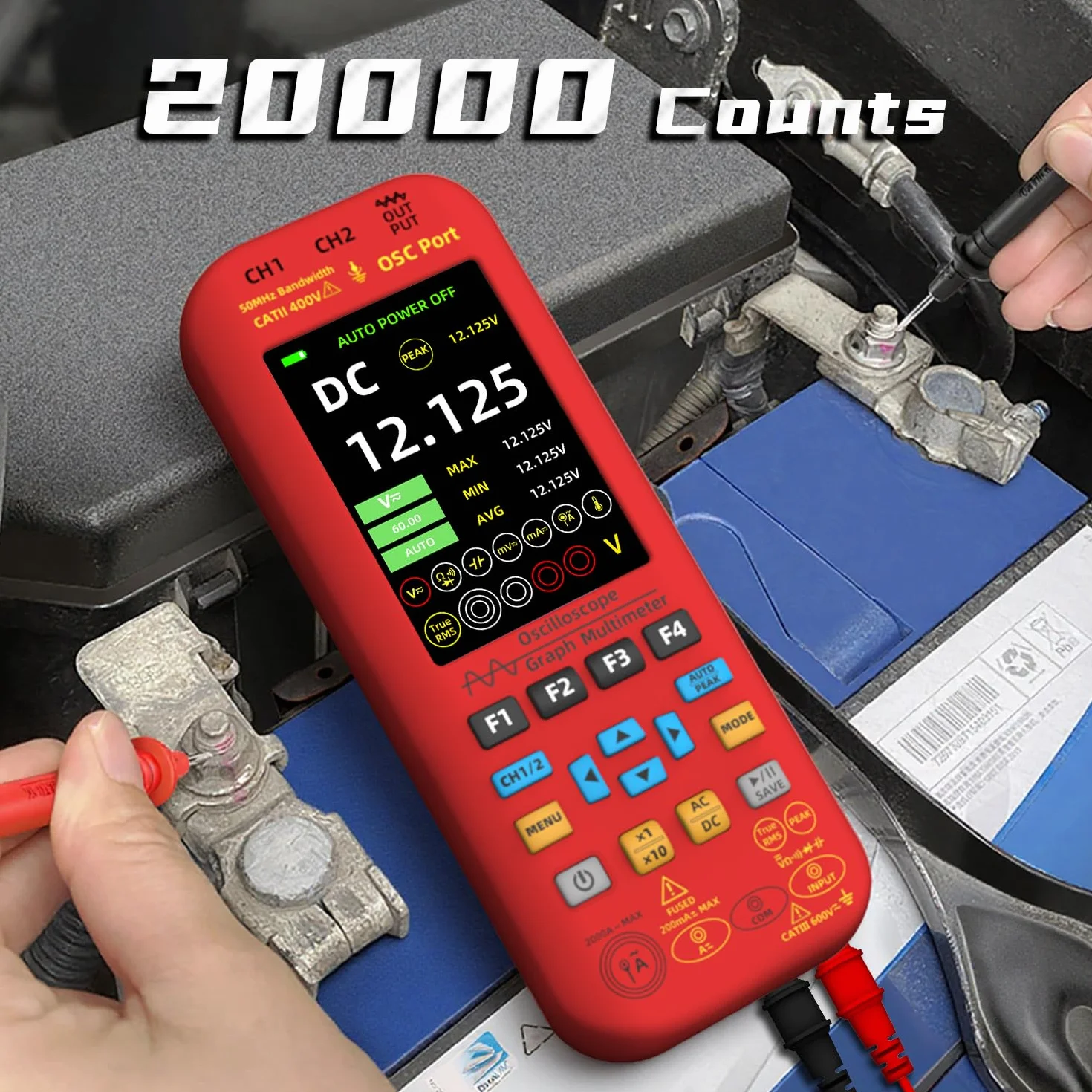 BSIDE O9 Osciloscopio automotriz de mano de 2 canales, 50 MHz, 250 MSa/s, 5000 mAh, multímetro TRMS 20000 cuentas, pantalla de visión completa de 3.9 pulgadas, generador de señal de forma de onda