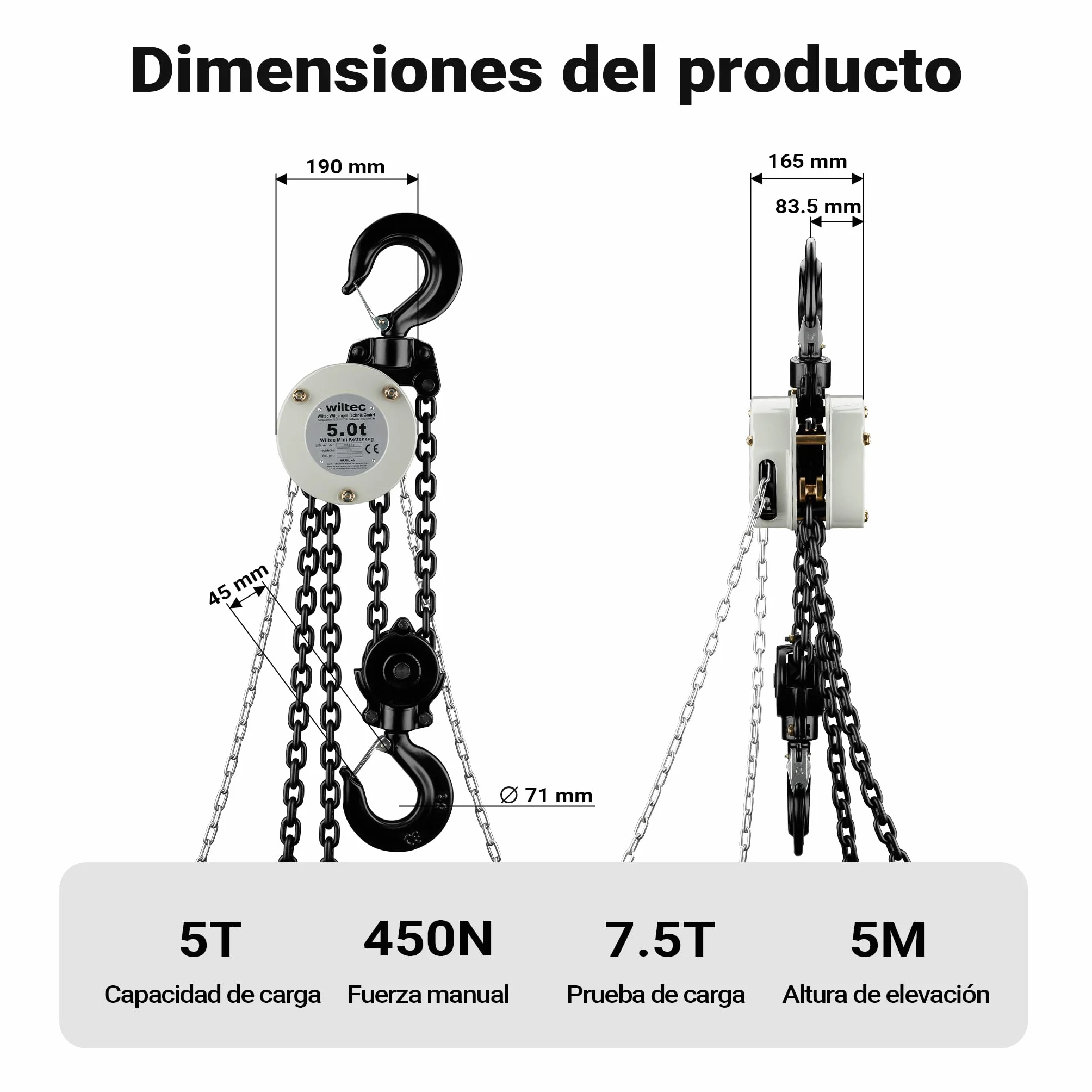 Wiltec Mini polipasto manual de cadena capacidad de carga hasta 5 t altura de elevación hasta 5 m cadena G80 de 5 m ganchos giratorios ideal entornos industriales y profesionales