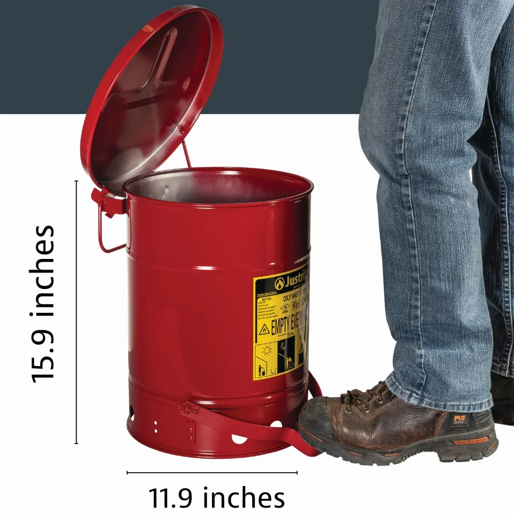 Justrite 09100 Lata de seguridad para residuos aceitosos de acero galvanizado con palanca de pie, capacidad de 20 litros, 11-7/8 pulgadas de diámetro exterior x 15-7/8 pulgadas de alto, rojo
