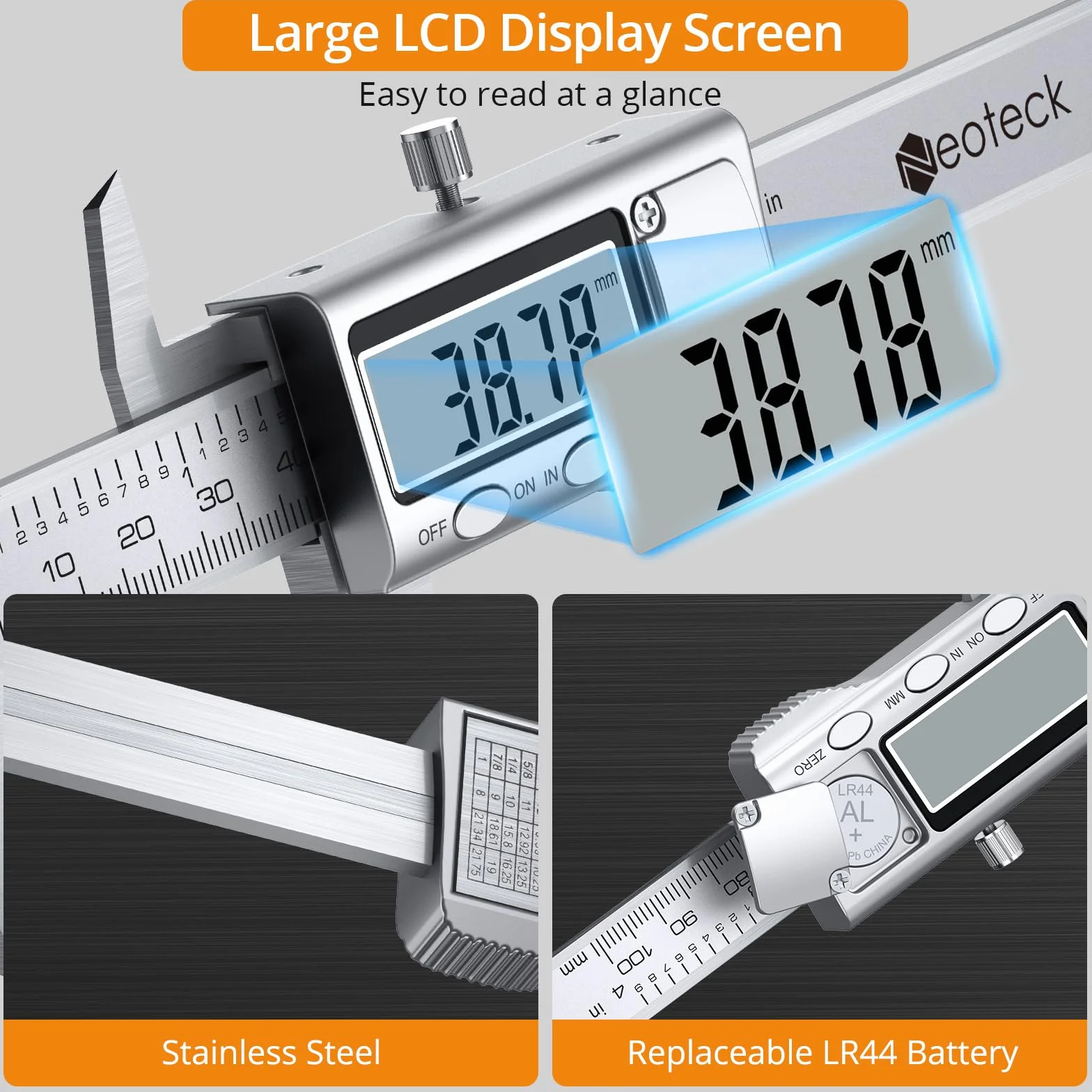 Neoteck Calibre Digital 100 mm Acero Inoxidable inch/mm Herramienta Medición
