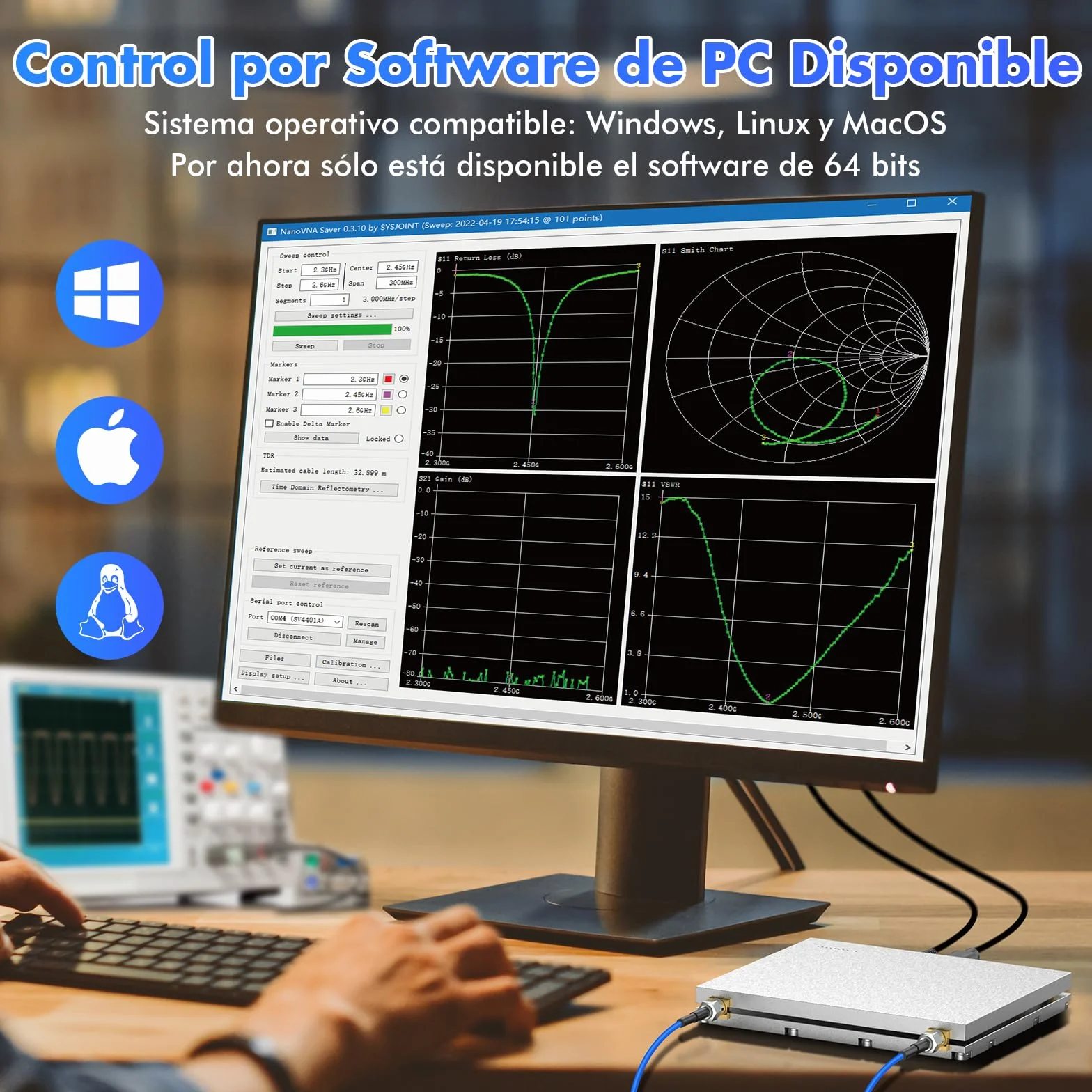 Seesii LibreVNA 2,0 Analizador Vectorial de Redes, Analizador de Antenas NanoVNA 100kHz-6GHz USB Completo Double Puerto con Entrada/Salida de Referencia Externa para Parámetros S Completos