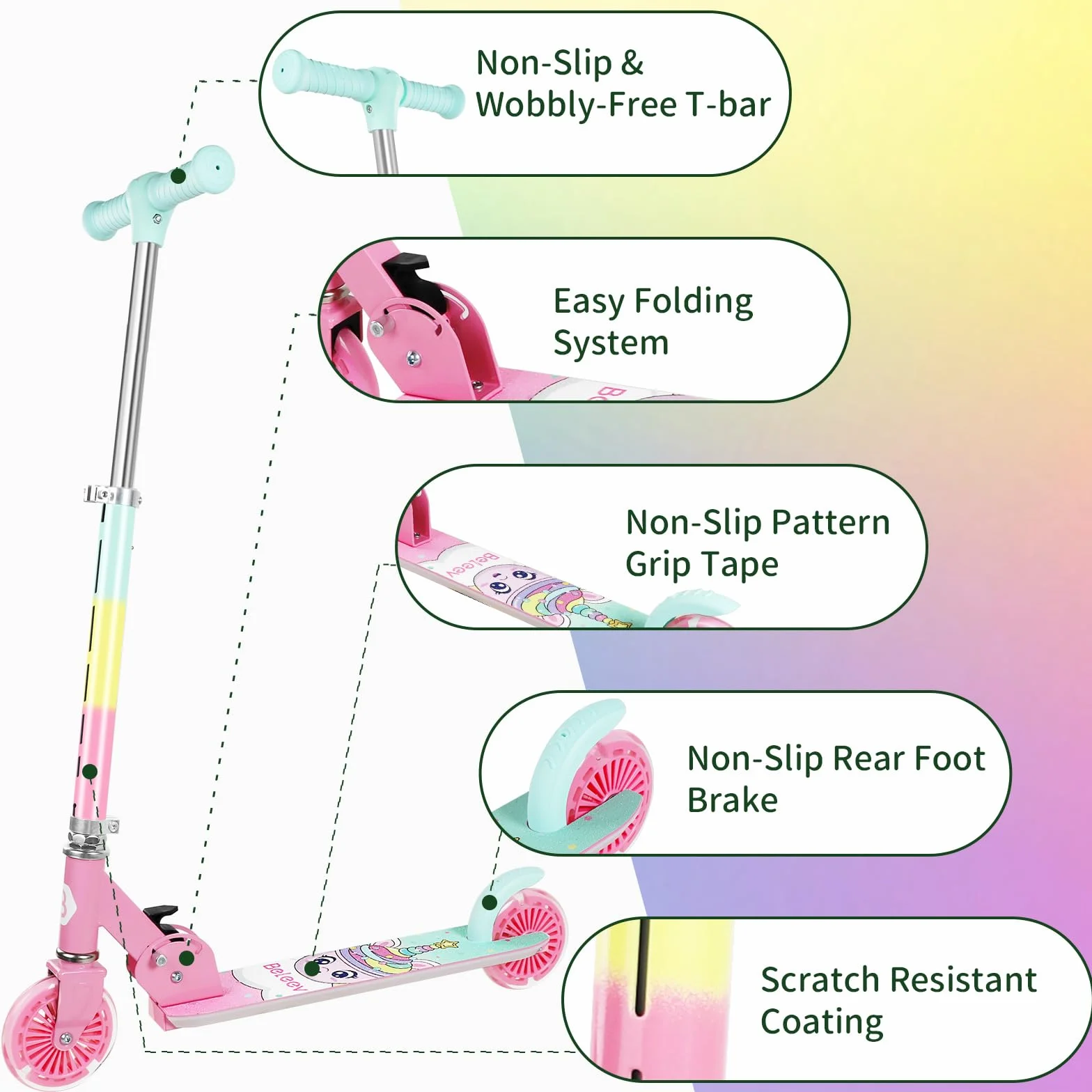 BELEEV V2 Patinete Infantil 2 Ruedas Plegable con Luces LED, 3 Alturas Ajustable para Niño Niña 3-12 Años