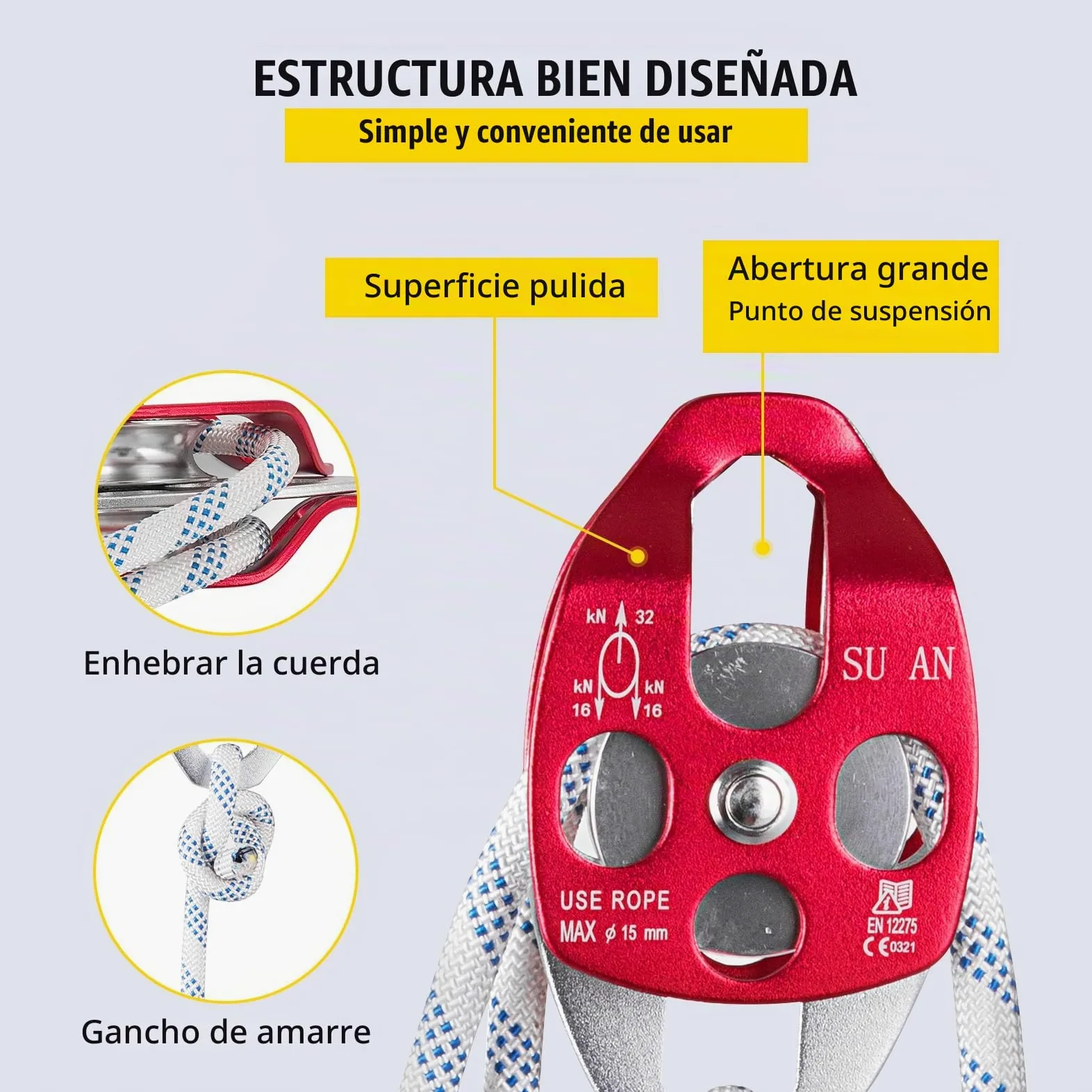 VEVOR Bloque de Doble Polea con Cuerda Trenzada 12mm x 61m Sistema de Escalada de Doble Polea Longitud de Rotura 7700 libras 35 kN Alta Resistencia para Uso Interior y Exterior Deportes Aficionados
