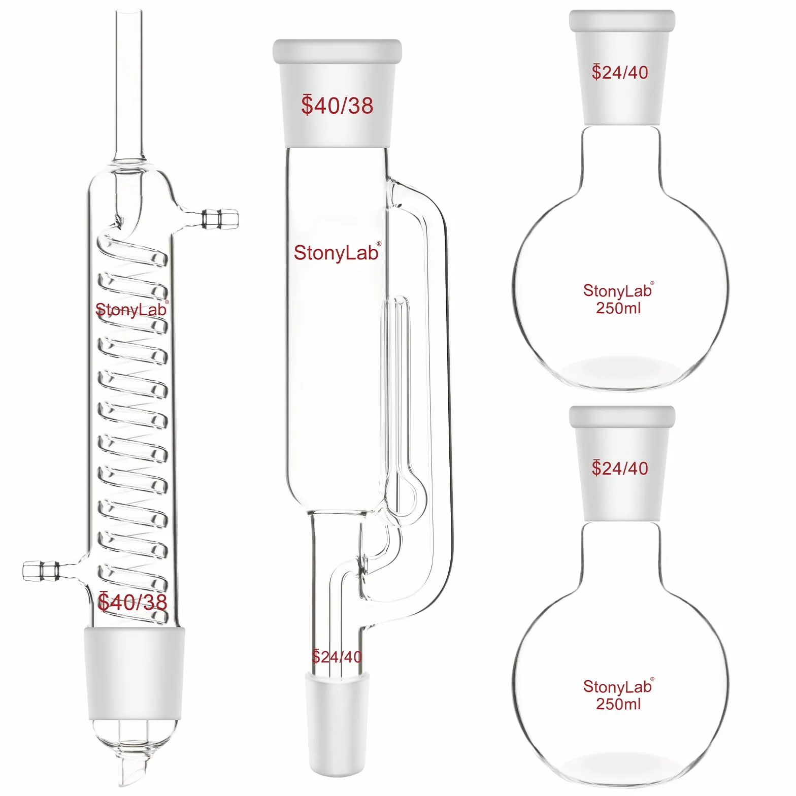stonylab Kit de Extracción Tipo Soxhlet, Extractor Soxhlet de Vidrio de Borosilicato 40/38 con Condensador Graham y Dos Matraces de Fondo Plano 24/40 de 250 ml para Procesos de Extracción