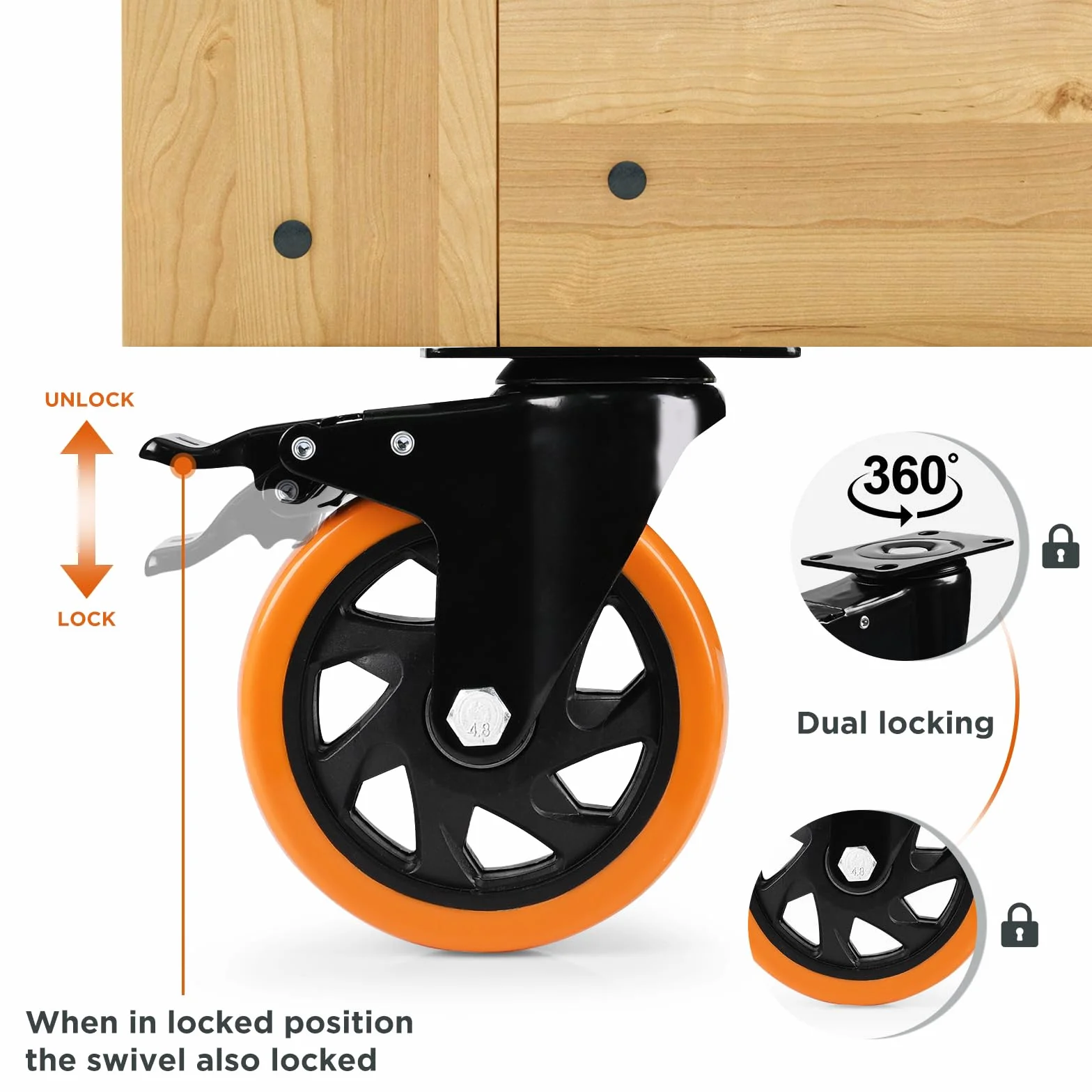 Ruedas giratorias, Juego de 4 Ruedas giratorias de Alta Resistencia de 5 Pulgadas, con Bloqueo, para carros, Muebles y Bancos de Trabajo, Color Negro.
