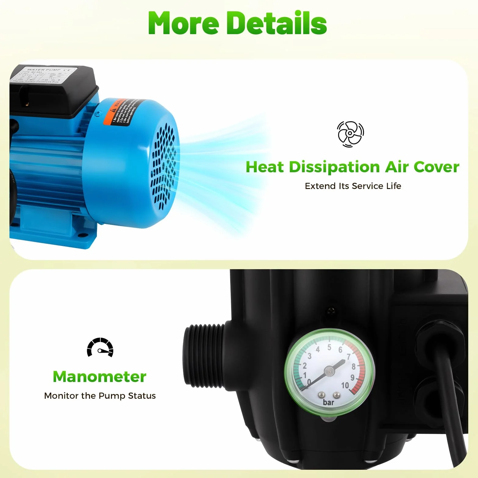 Bomba centrífuga SHIOUCY de 1300 W, 6000 L/H, bomba de agua doméstica, turquesa, acero inoxidable, 9,8 bar