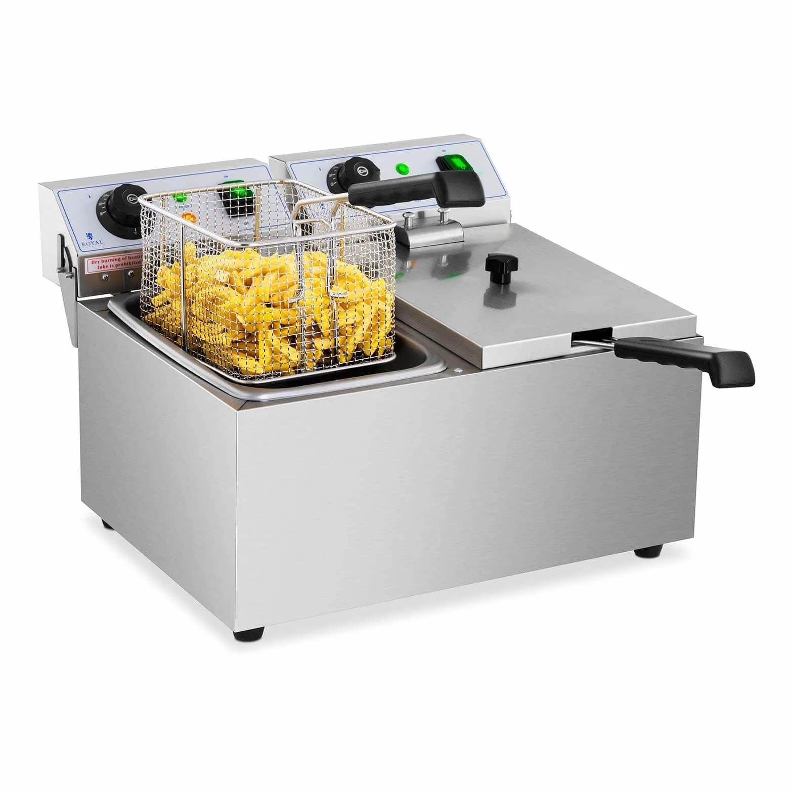 Royal Catering Freidora Electrica Profesional Doble Para Hostelería RCEF 08DB (2 x 8 Litros, Potencia 2 x 3.200 Watt, Temperatura: 50 – 200 °C, Zona Fría, Tapas Incluidas)