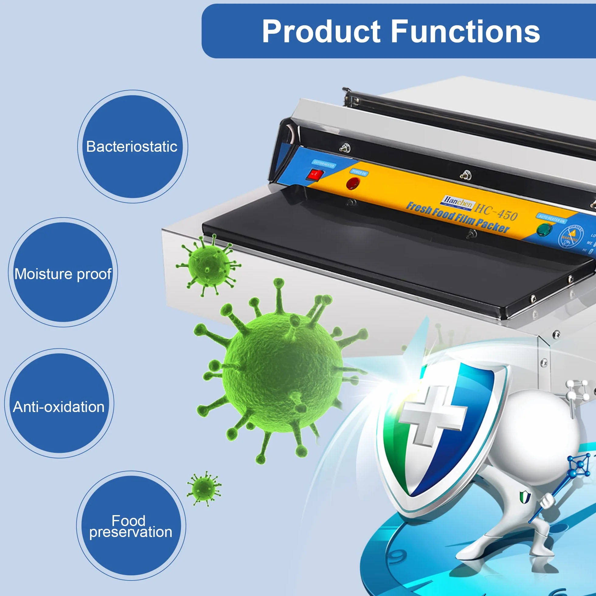 Hanchen Envasadora de Film de Alimentos Frescos Industrial Sellador de Alimentos Eléctrico Máquina de Sellado y Corte de Film Acero Inoxidable para Carne/Verduras/Frutas