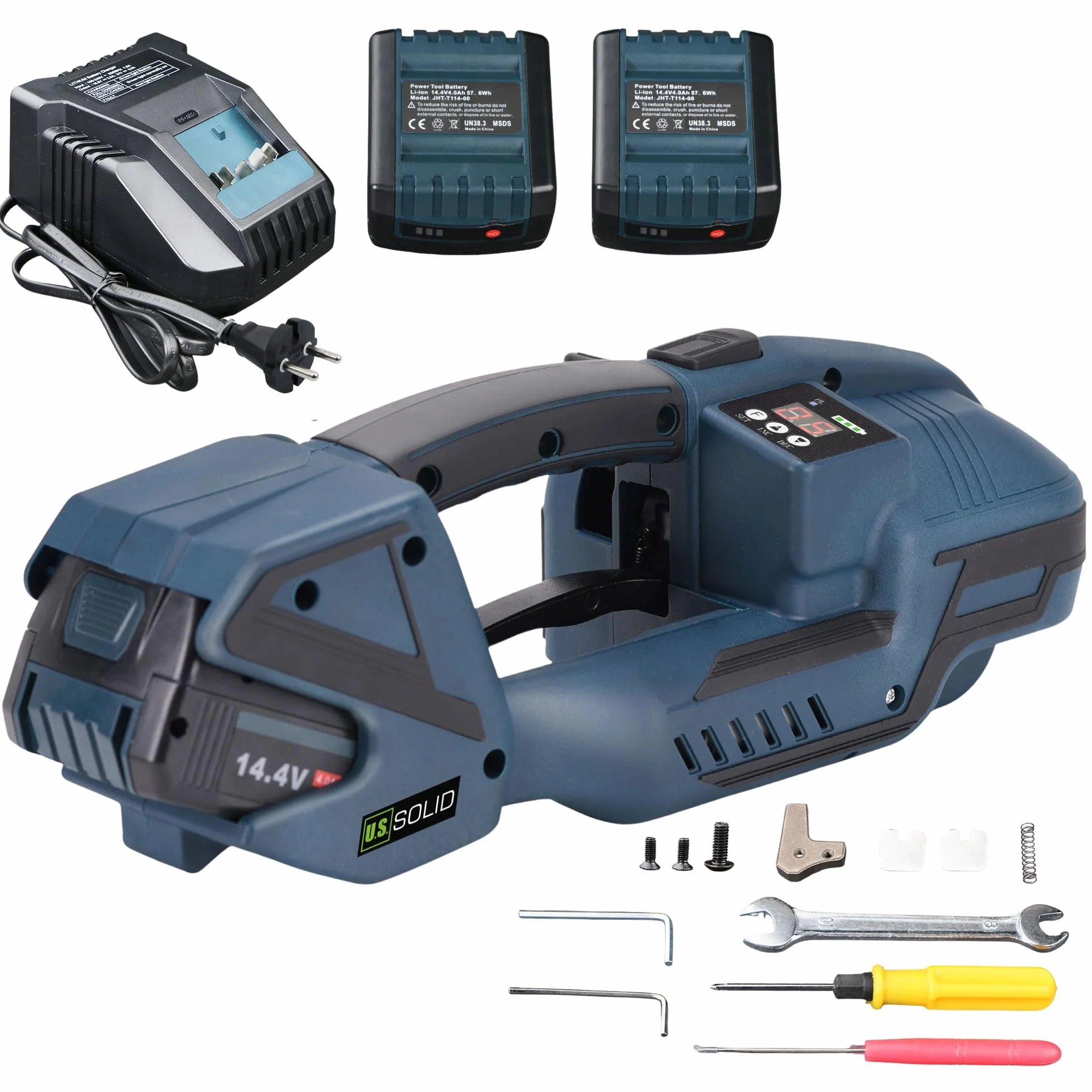 U.S. SOLID Máquina flejadora eléctrica con pantalla LCD para cintas PP PET 13-16mm, 2 x 4000mah bateria automática con pilas para cajas y paletas
