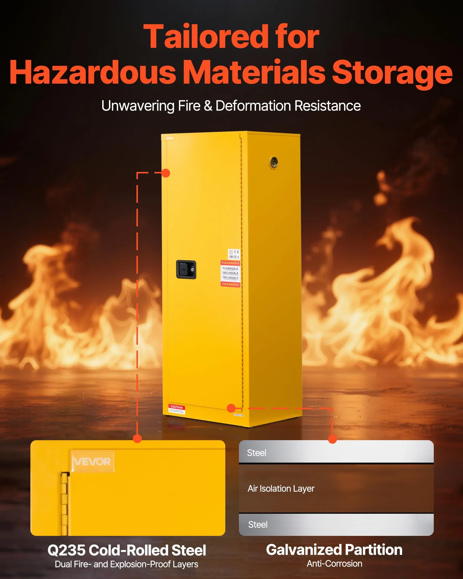 VEVOR Gabinete para Materiales Inflamables, Gabinete Ignífugo 59 x 46 x 165,1 cm de 87,06 L de Acero Laminado en Frío y Galvanizado con Estante Ajustable para Uso Comercial/Doméstico, Amarillo