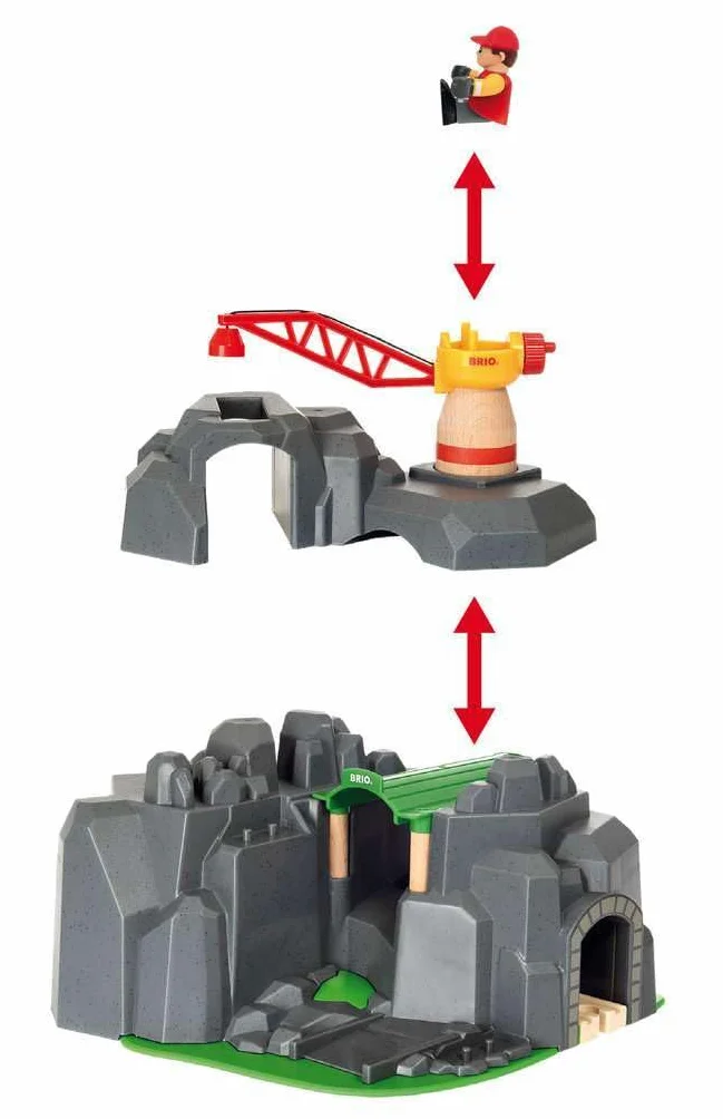 Brio World Túnel de Montaña con Grúa, Ferrocarriles Tren Juguete, Accesorios Circuito Tren, 7 Piezas, Juegos Educativos 3 Años