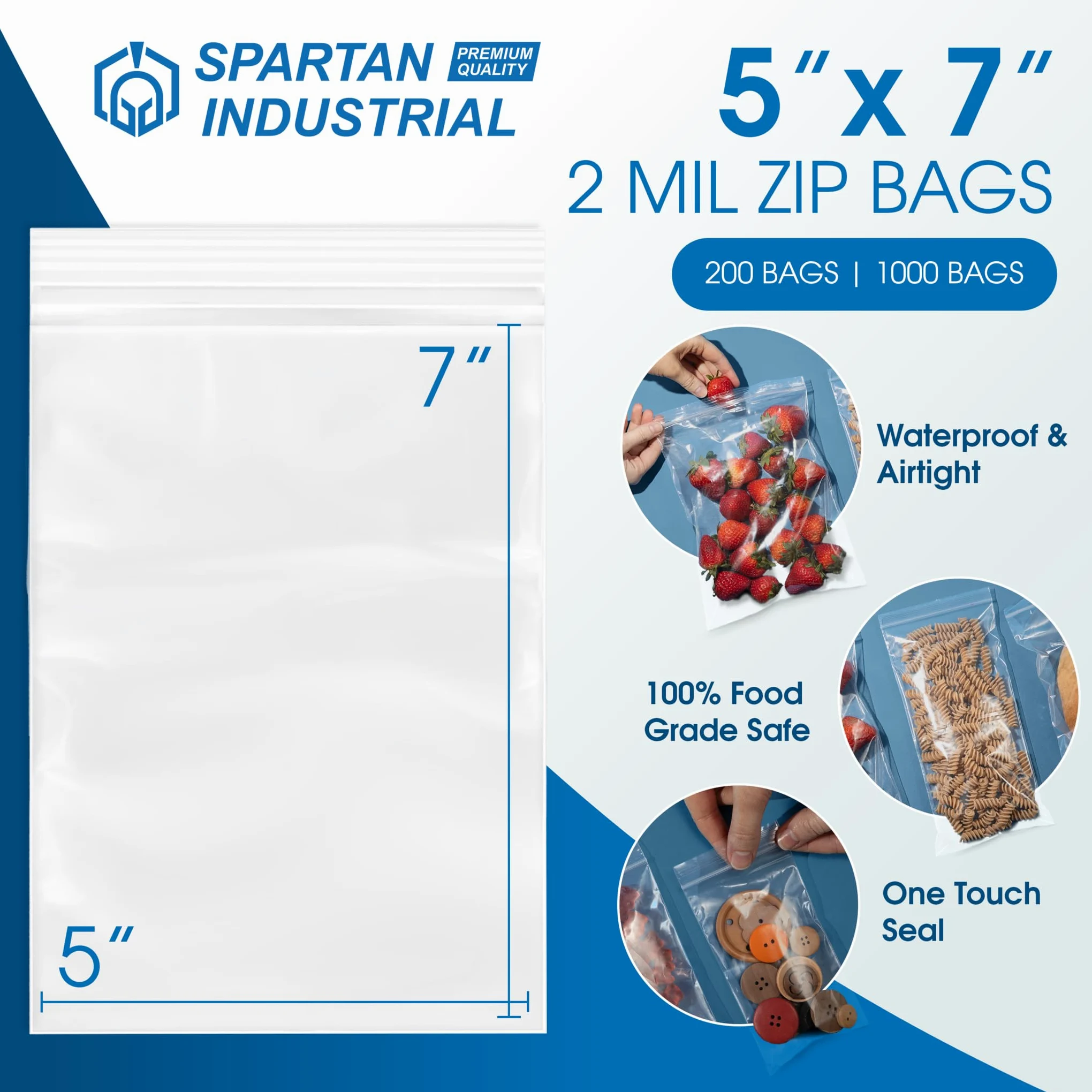 SPARTAN INDUSTRIAL Bolsas de polietileno transparentes con cierre resellable de 2 mil (5" x 7", 1000 unidades)