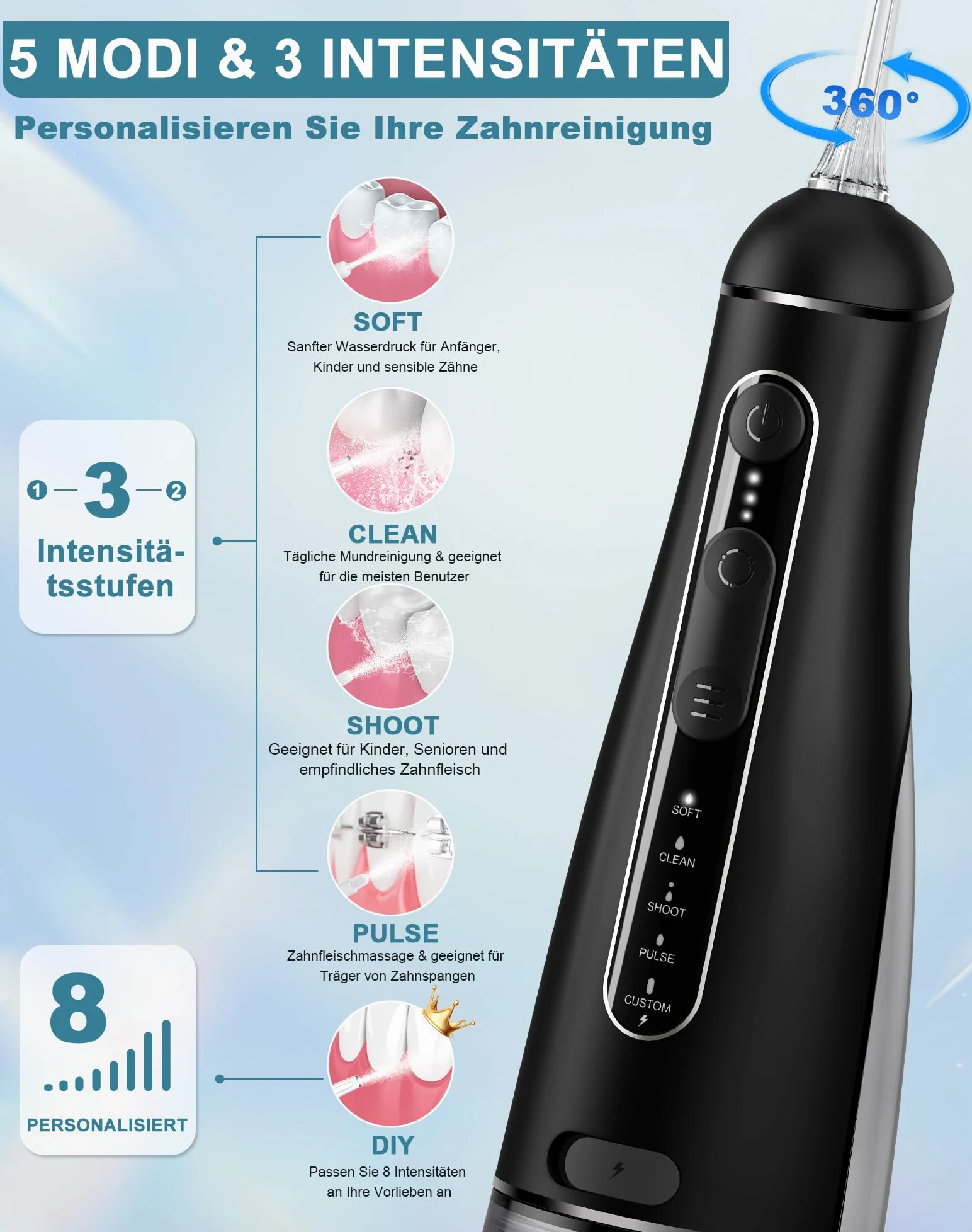 Irrigador Dental Portatil DIY, Irrigador Bucal Inalámbrico 5 Modos y 3 Intensidades, Depósito 300 ml y Base Extraíble, Carga USB, Impermeable IPX7, Sin BPA, Silencioso, para Viajes y Hogar