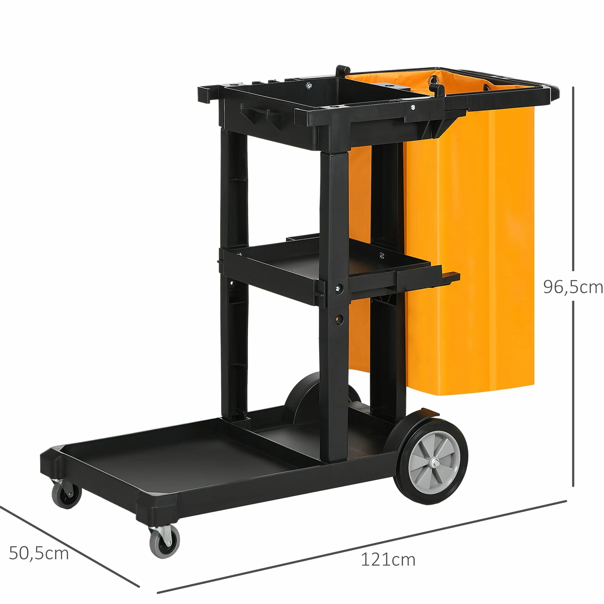 HOMCOM Carro de Limpieza con Bolsa 100L Profesional y Multifuncional para Colectividades Hotel Hostal con 3 Bandejas y 1 Plataforma 121x50,5x96,5 cm Negro y Amarillo
