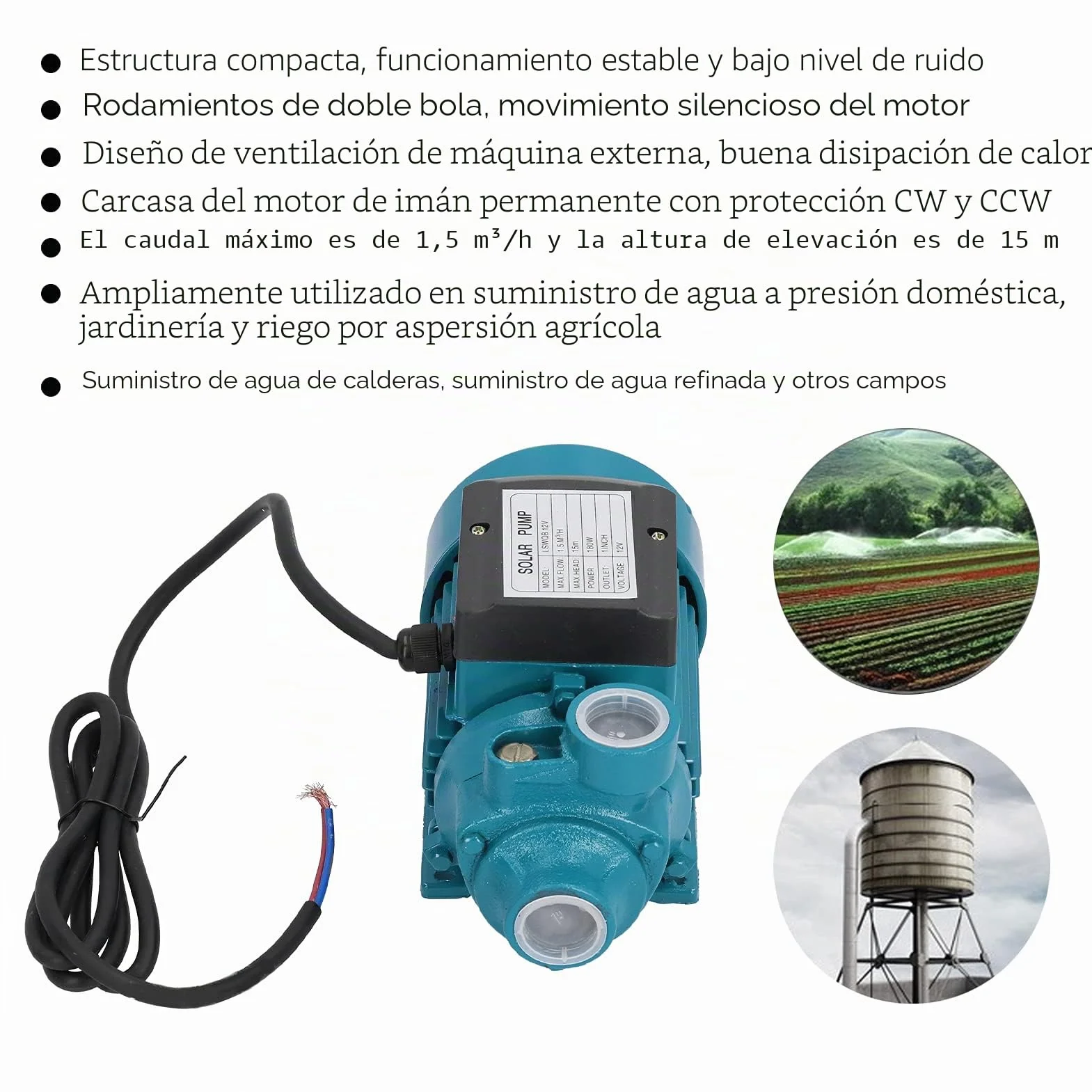 Bomba de Agua DC12V 180W, Micro Bomba Eléctrica de Flujo Máximo 15M, con de Enfriamiento y Acuario, Ideal para Sumidero Horizontal