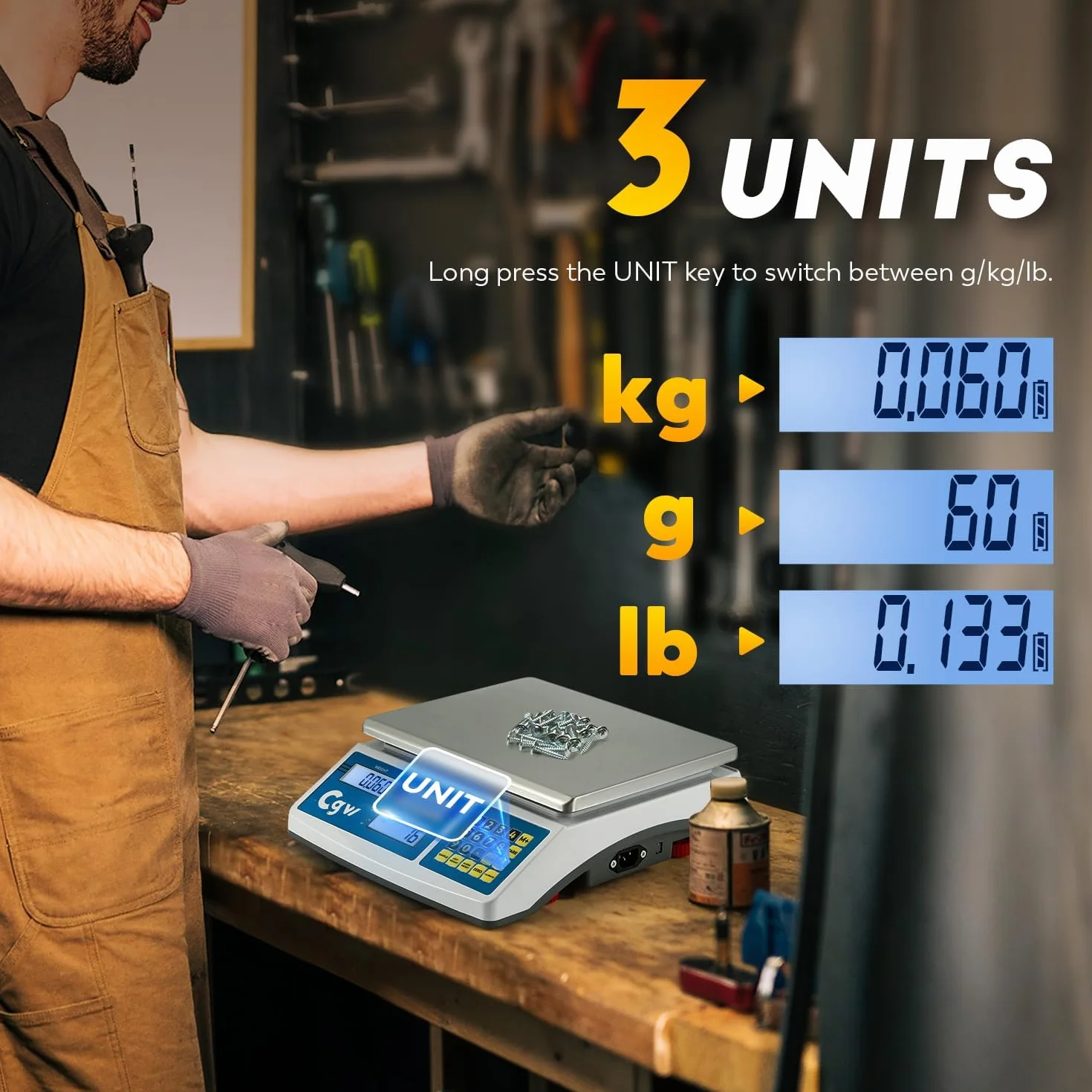 CGOLDENWALL Báscula Contadora de Piezas Industrial 40kg 1g - Báscula de Conteo para Inventario con Plato Inox - Cambio Unidades g/kg/lb - Para Piezas Pequeñas, Componentes y Monedas