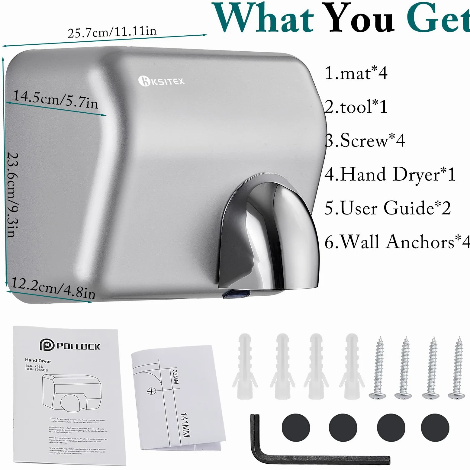Secador de Manos Comercial, Secador Eléctrico de Pared de Alta Velocidad, 2300W, con Sensor Automático para Baños, Aseos Públicos