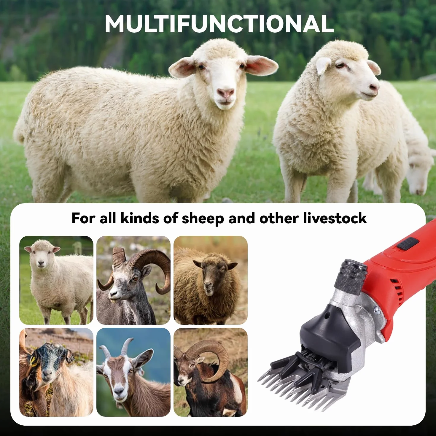 ONEVAN Esquiladora de ovejas, Cortapelos Para Ovejas de 500 W con 6 velocidades, 13 dientes, 2 baterías de 3.0 Ah, esquiladora inalámbrica para ovejas, alpacas (Rojo)