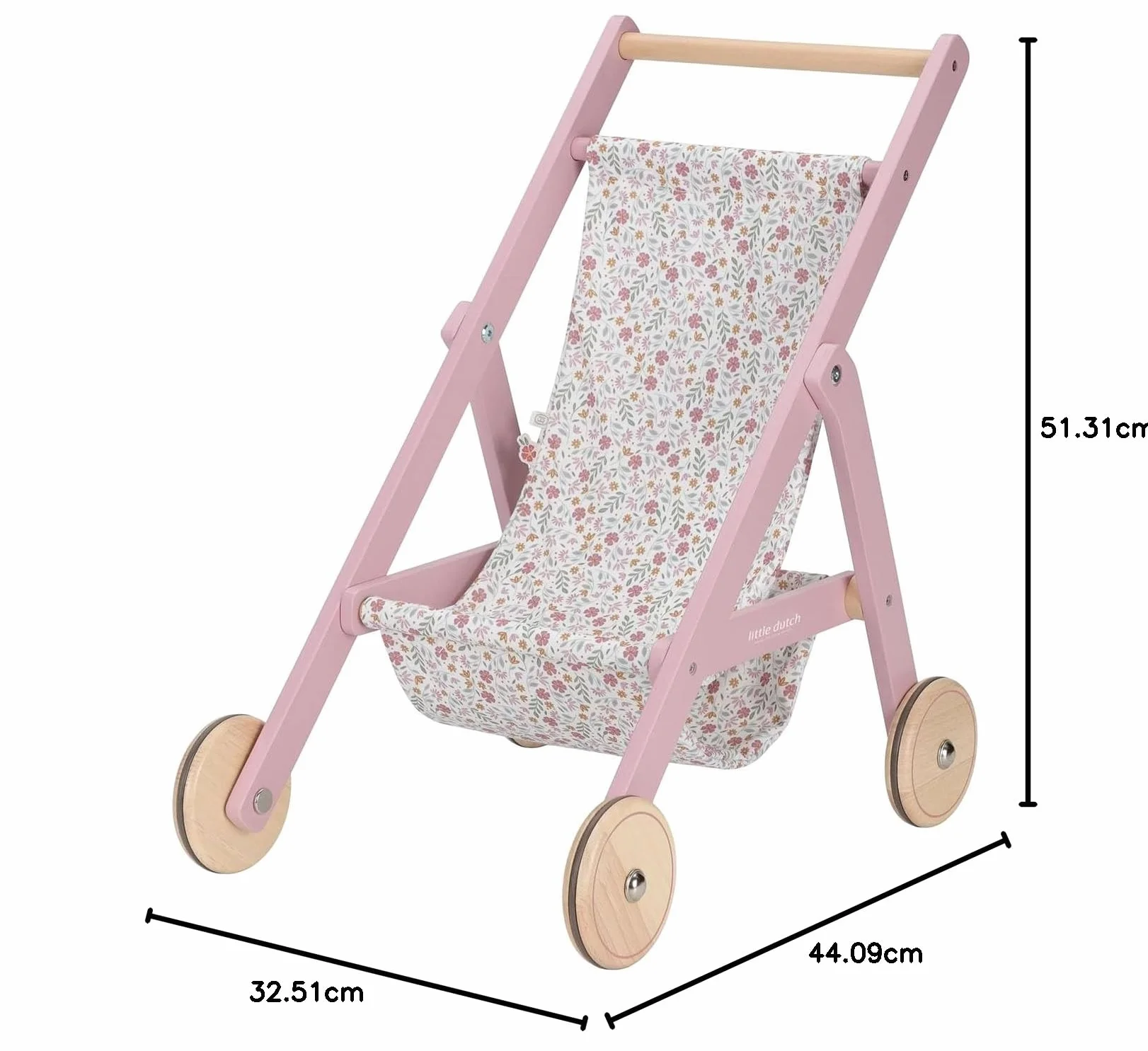 Little Dutch Cochecito de muñecas de madera con compartimento para muñecas de 33-46 cm, Soft Flowers, rosa