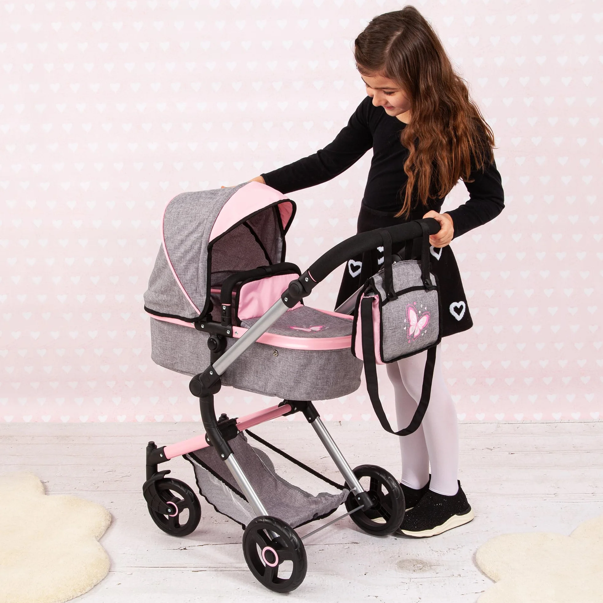 Bayer Design Cochecito de Muñecas Neo Vario Combolso Cambiador Convertible Plegable Vaqueros Grises Rosa Mariposa